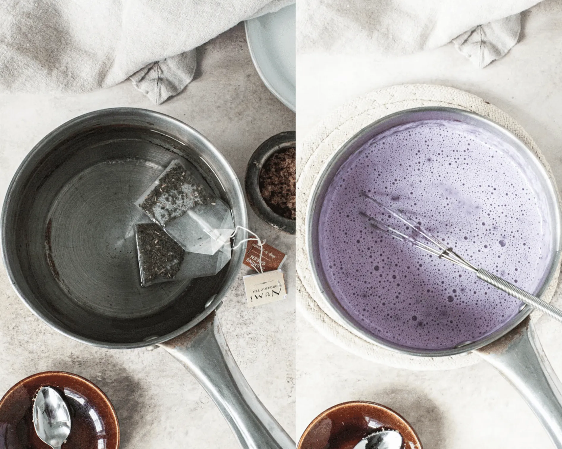 Green tea bags in a pot of water on the left and taro powder mixed into milk in a pot with a whisk on the right.