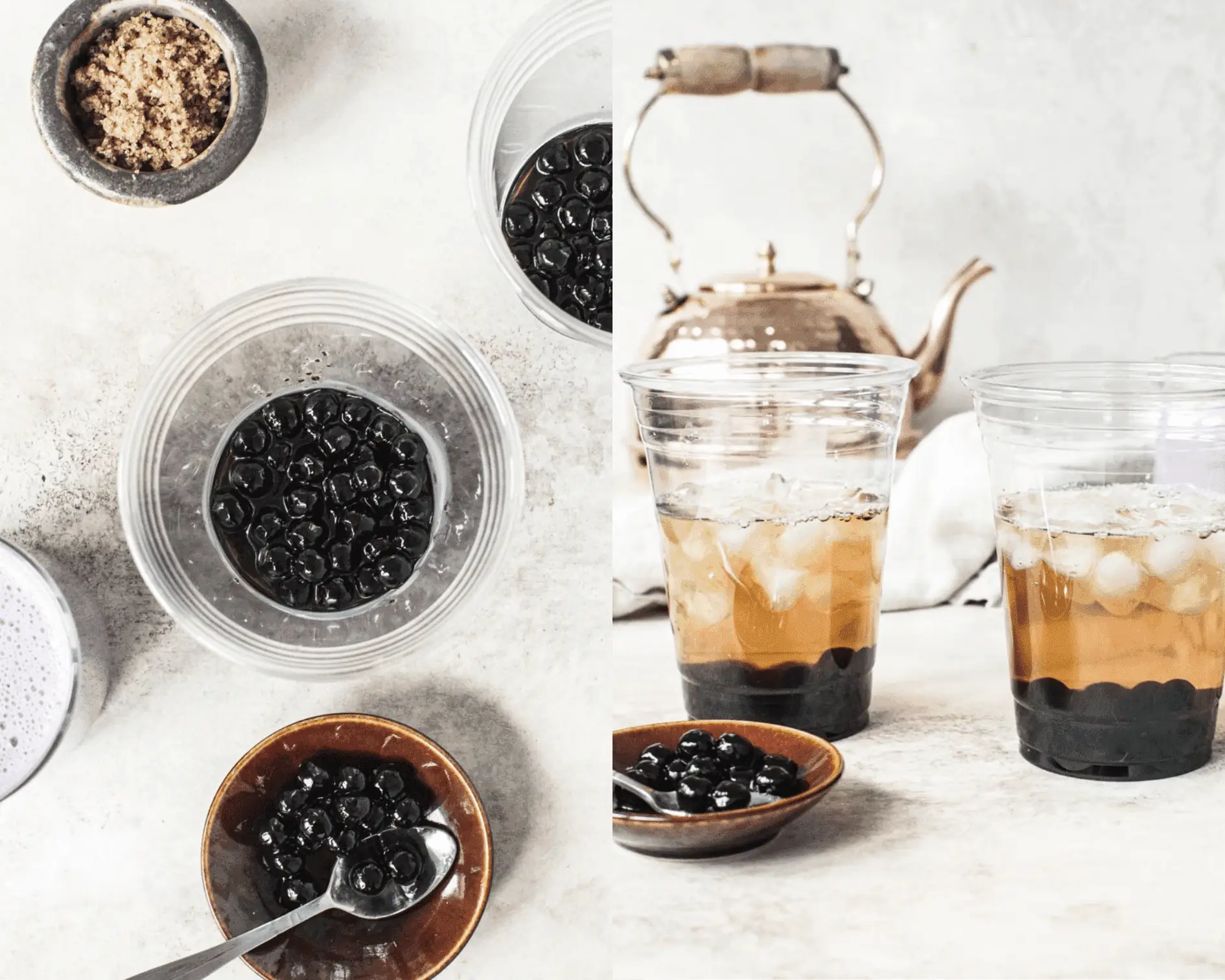 Cooked tapioca pearls in bottom of cup and in a small bowl on left and tea added to two plastic cups with tapioca pearls on right.