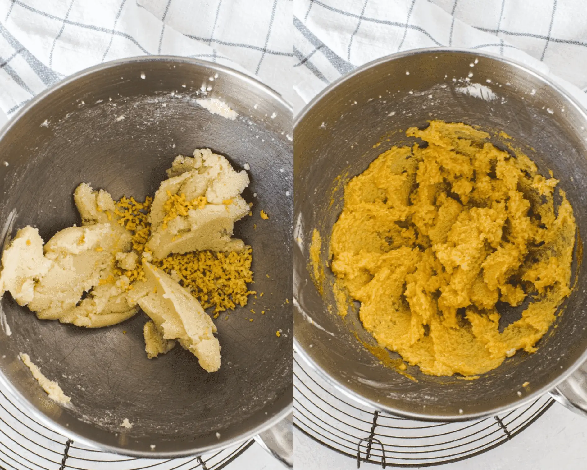 Creamed butter and sugar in a mixing bowl on left and egg yolks added to mixture on right.