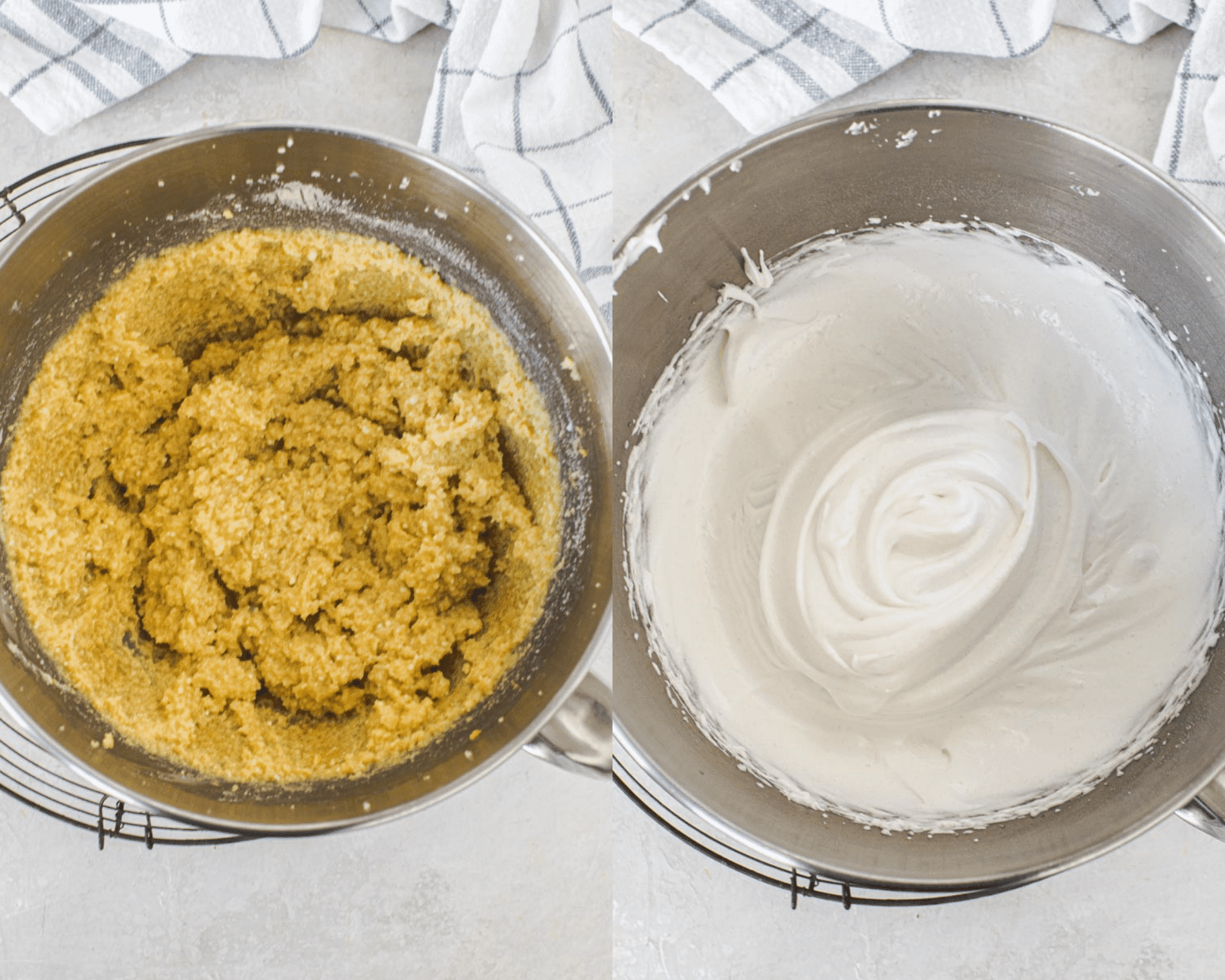 Almond Meal mixture in a mixing bowl on left and beaten egg whites in a mixing bowl on right.