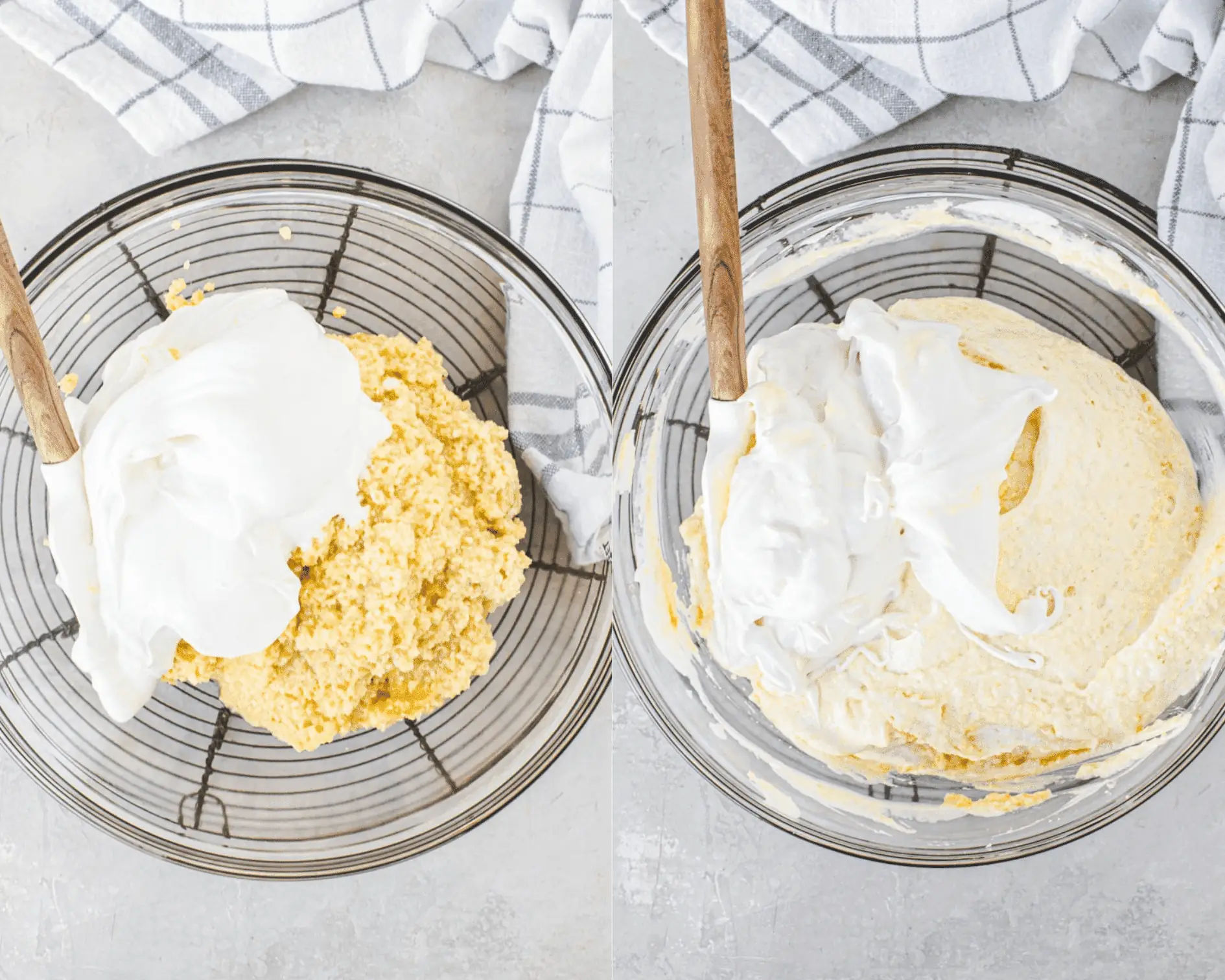 Egg whites being folded into almond meal batter with a spatula.