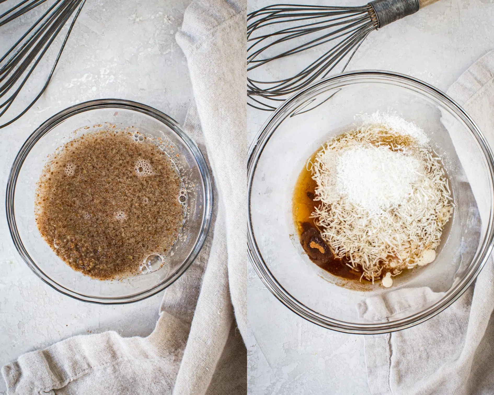 Flax egg in a small mixing bowl on left and banana bread batter in large mixing bowl on right.