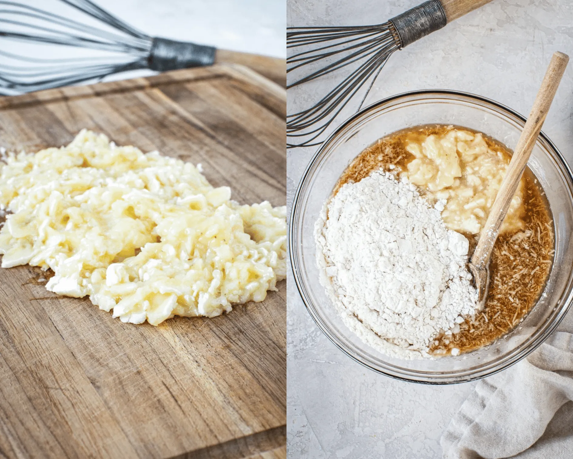 Mashed bananas on wooden cutting board on left and banana bread batter in mixing bowl on right.