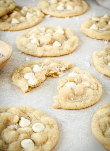 White chocolate chip cookie torn apart.