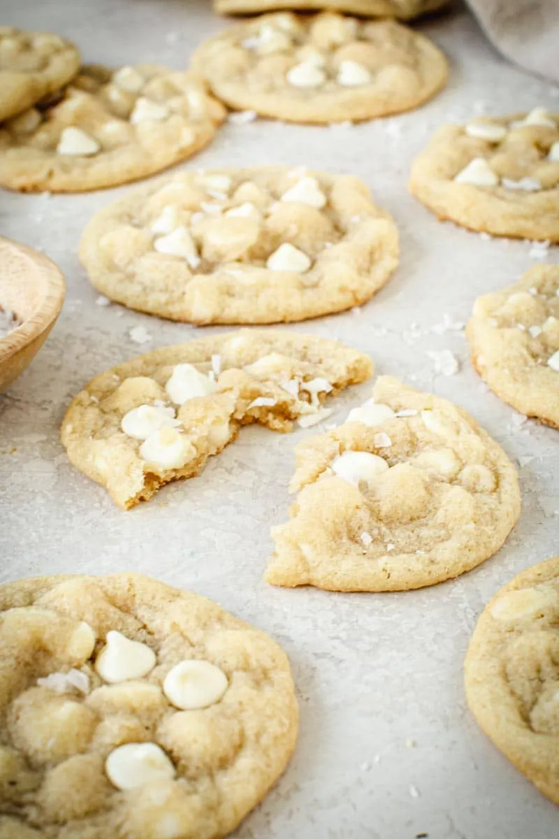 White chocolate chip cookie torn apart.