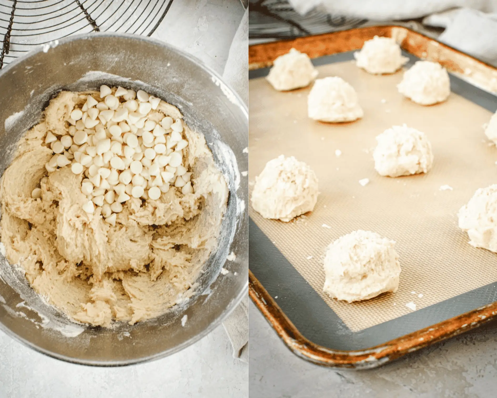 White chocolate chips on top of batter in a mixing bowl on left and cookie batter rolled into balls on a prepared cookie sheet on right.