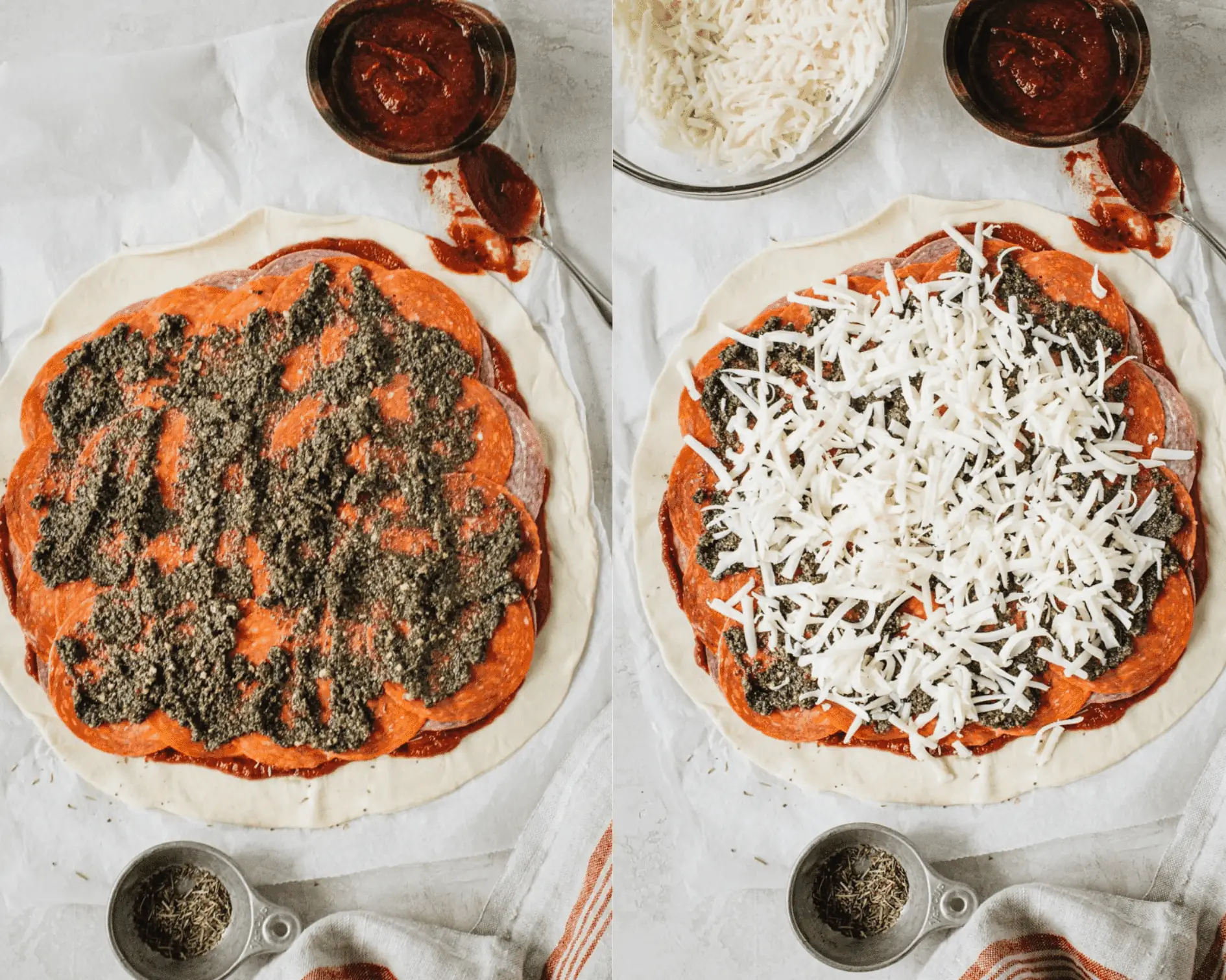 Pesto spread on Stromboli on left and shredded cheese layered on top of Stromboli on right.