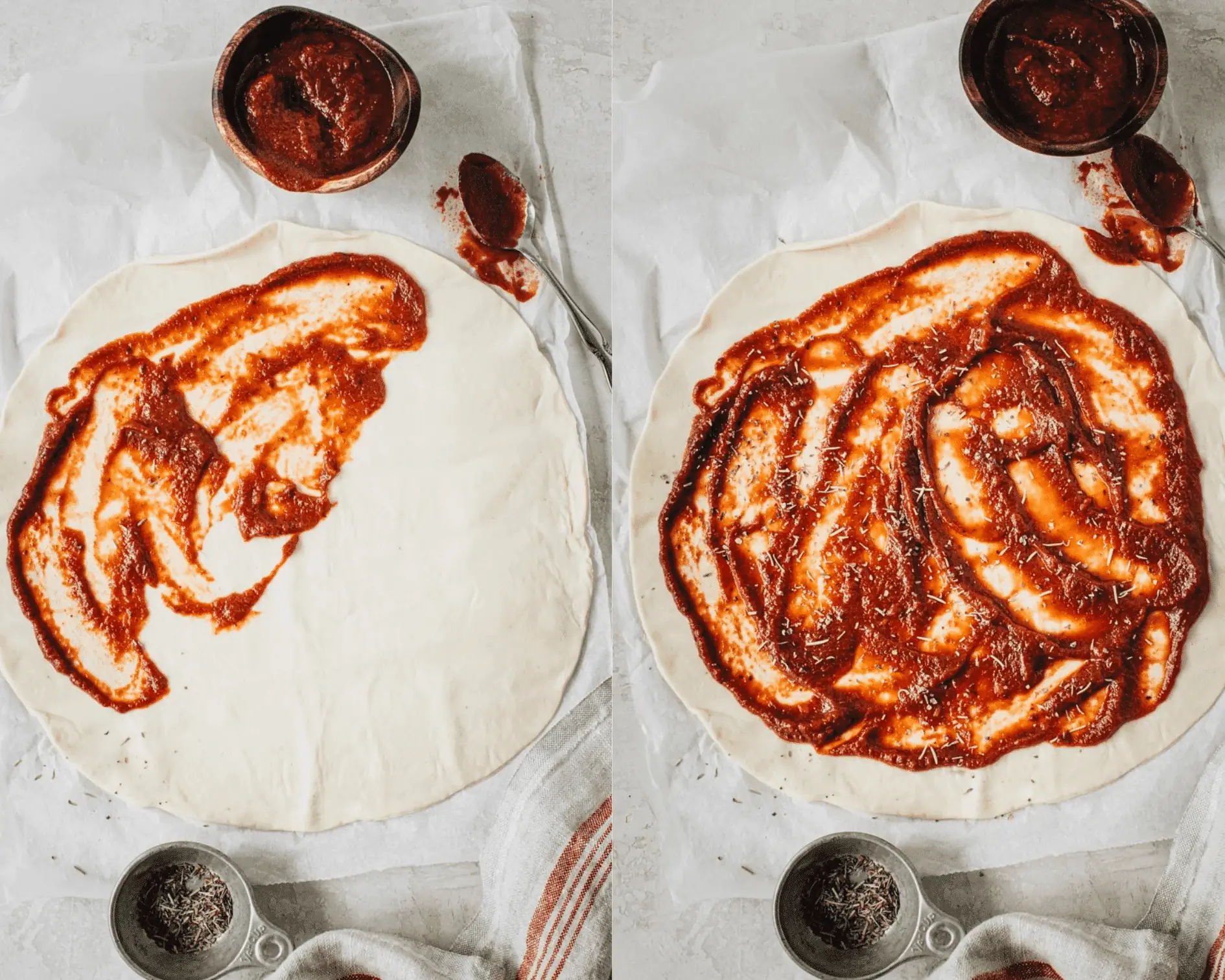 Pizza sauce on dough on left and seasoning on top of sauce in right.