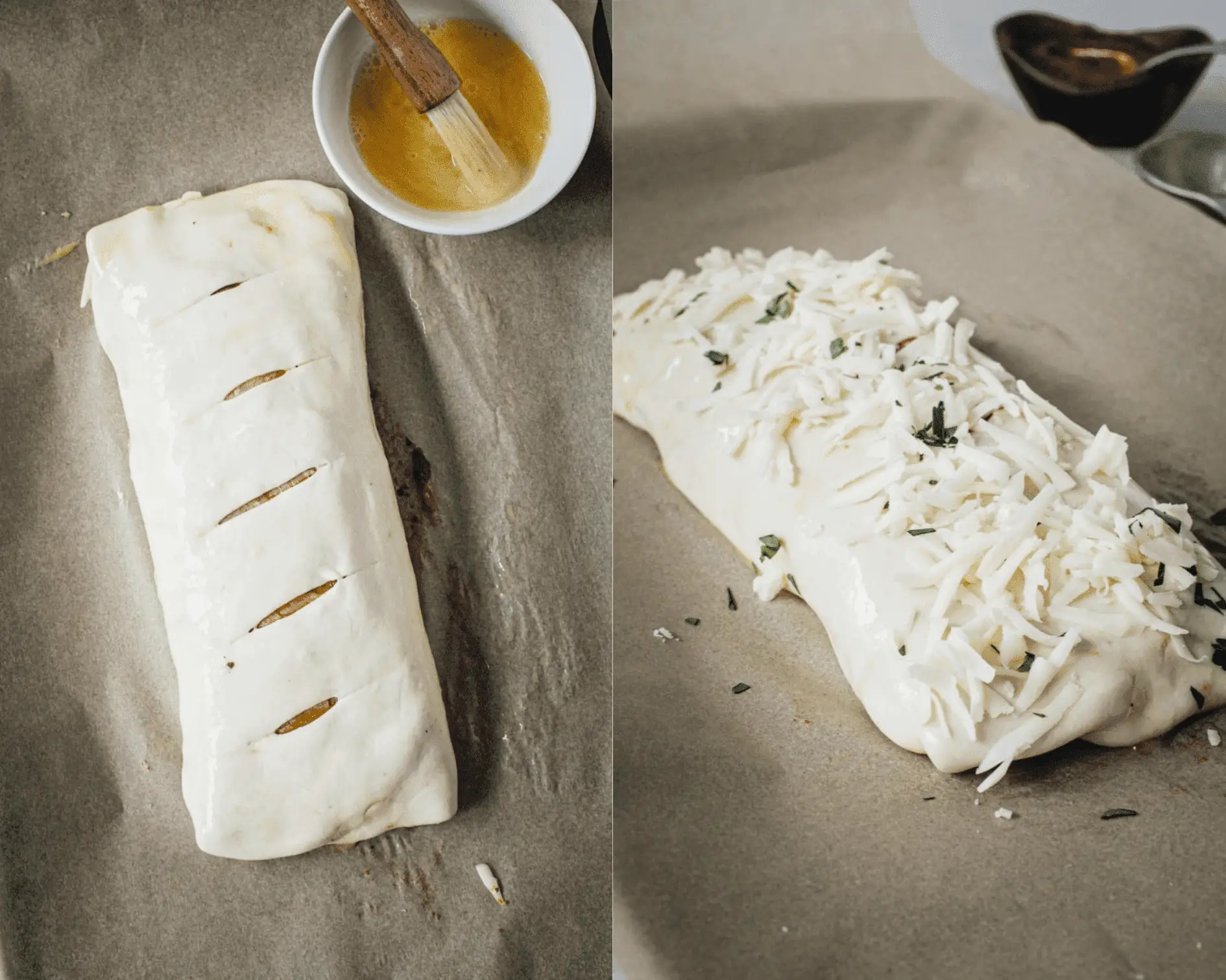 Sliced Stromboli dough on left and Stromboli dough covered in shredded cheese on right.