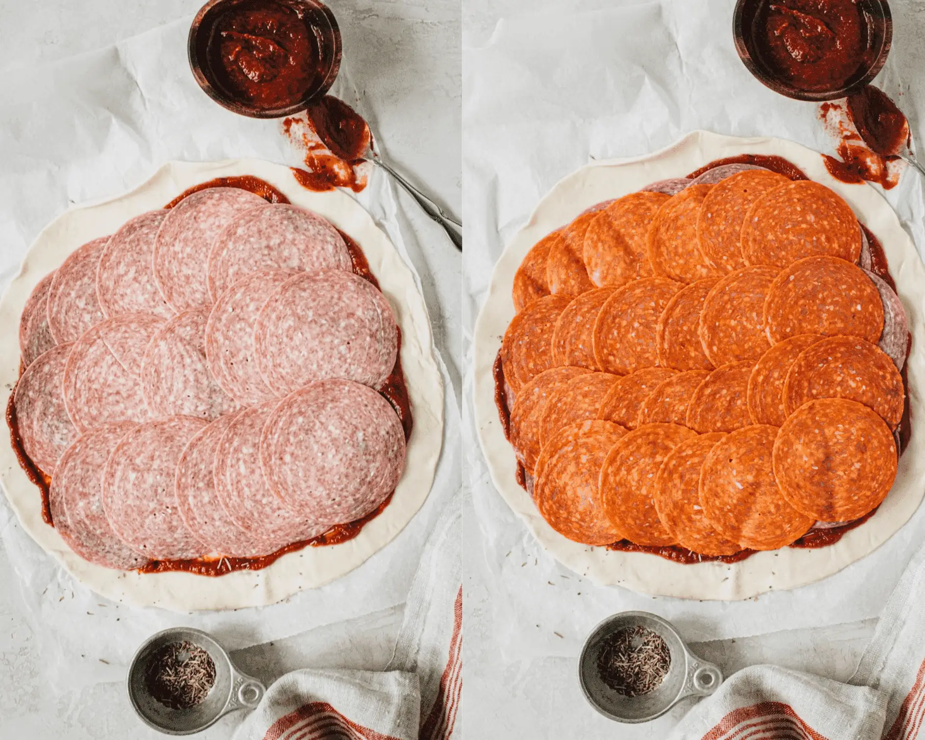Stromboli layers of salami and pepperoni on top of pizza crust.