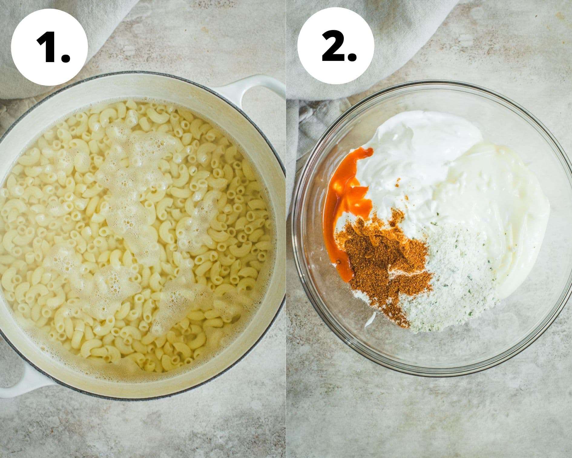 Process steps 1 and 2 for making bacon ranch pasta salad.
