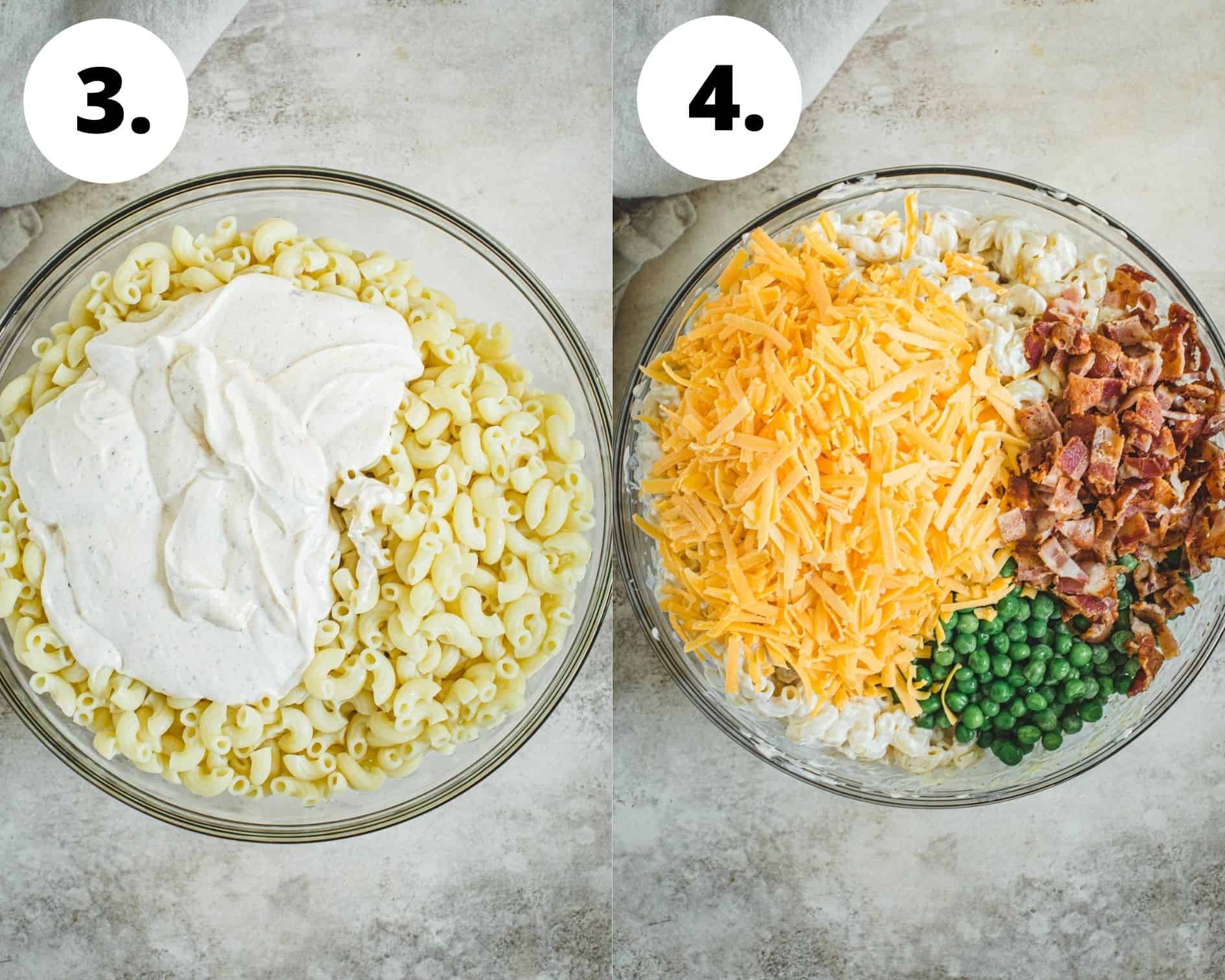 Process steps 3 and 4 for making bacon ranch pasta salad.