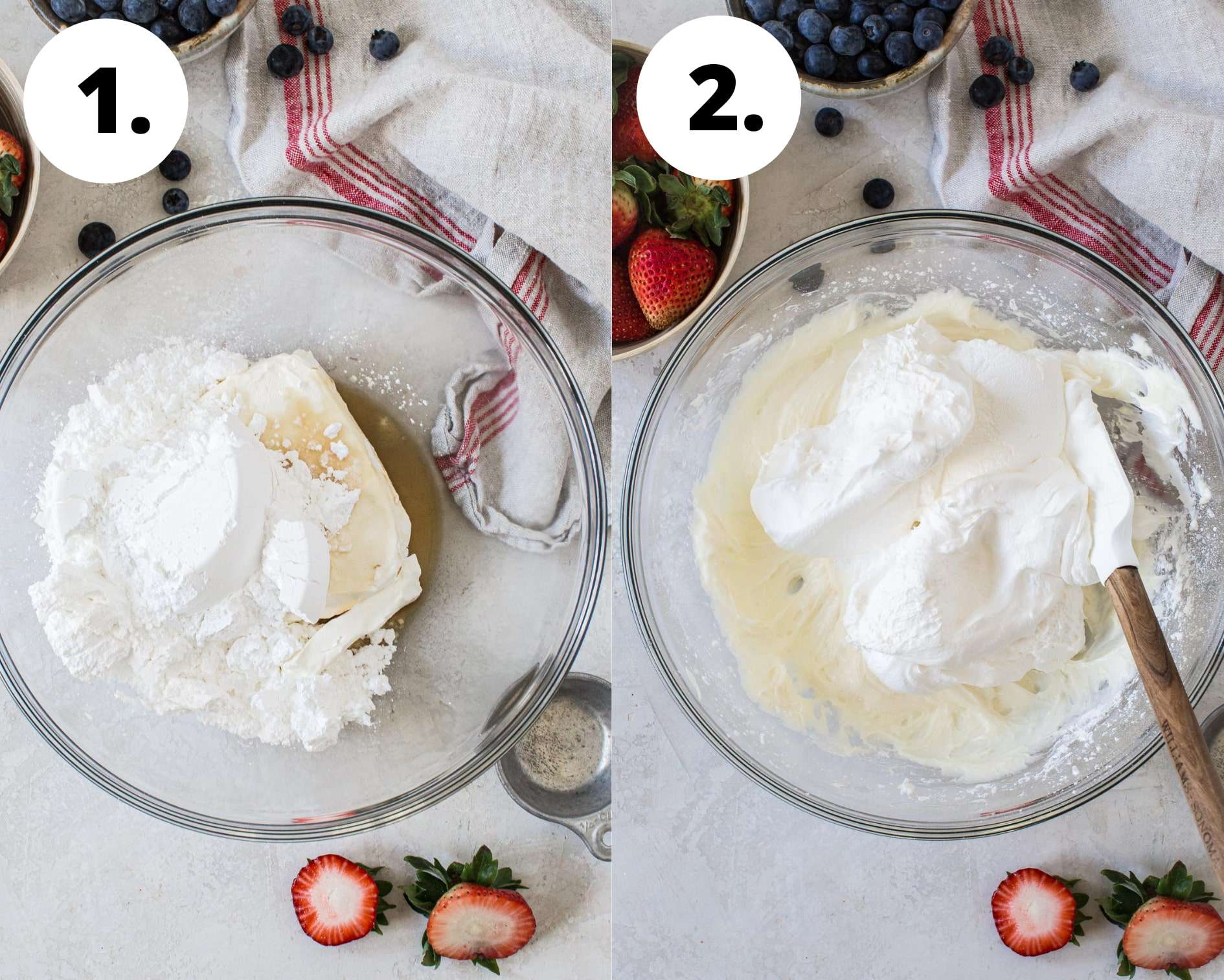 Berry cheesecake salad process steps 1 and 2.