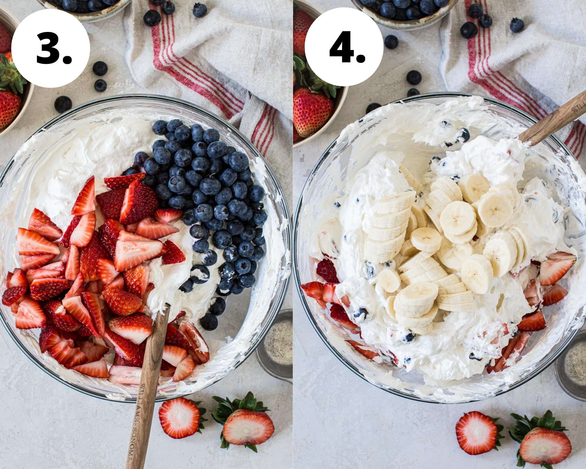 Red white and blue cheesecake salad process steps 3 and 4.