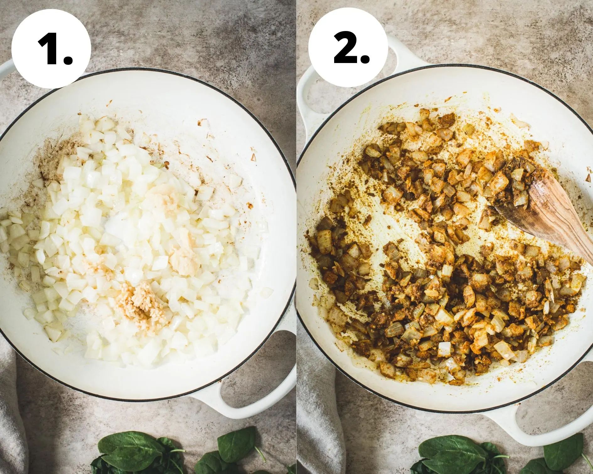 Chickpea spinach curry process steps 1 and 2.