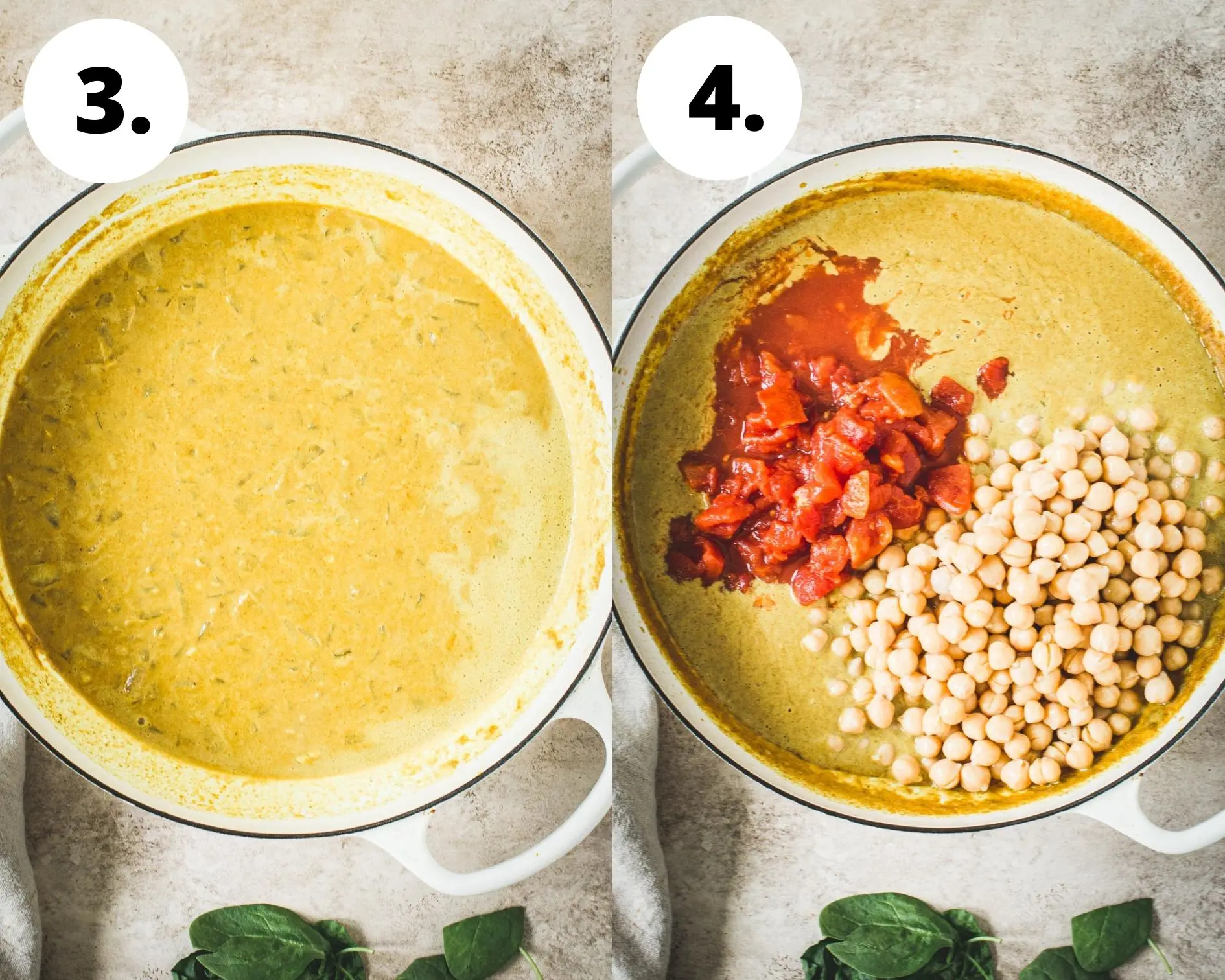 Chickpea spinach curry process steps 3 and 4.