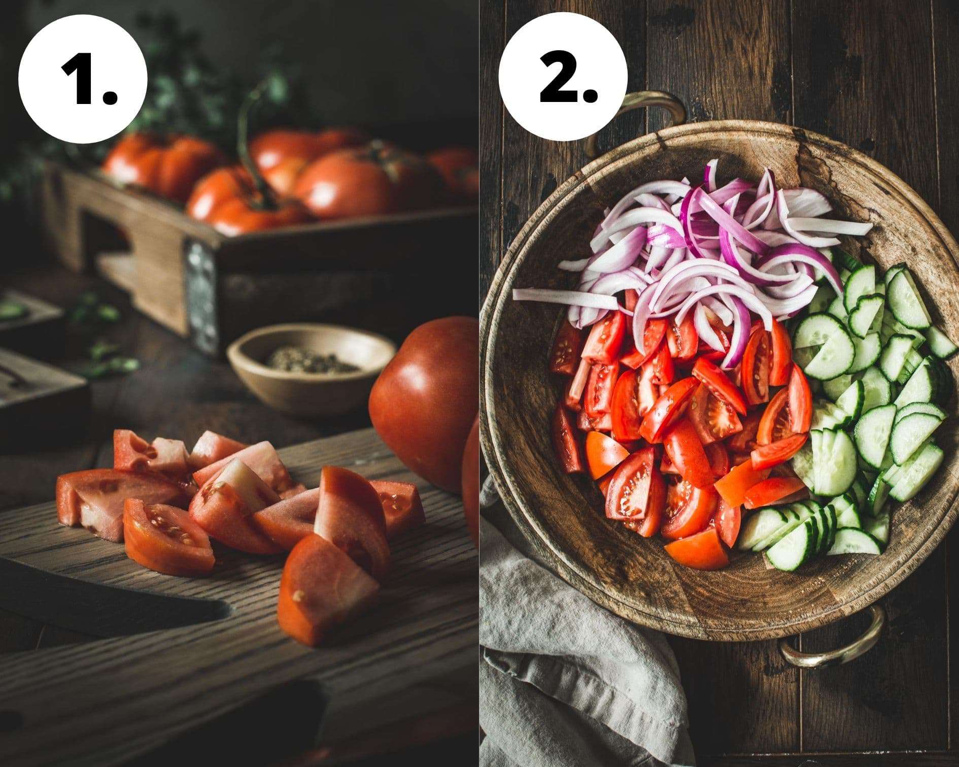 Cucumber, onion, and tomato salad process steps 1 and 2.