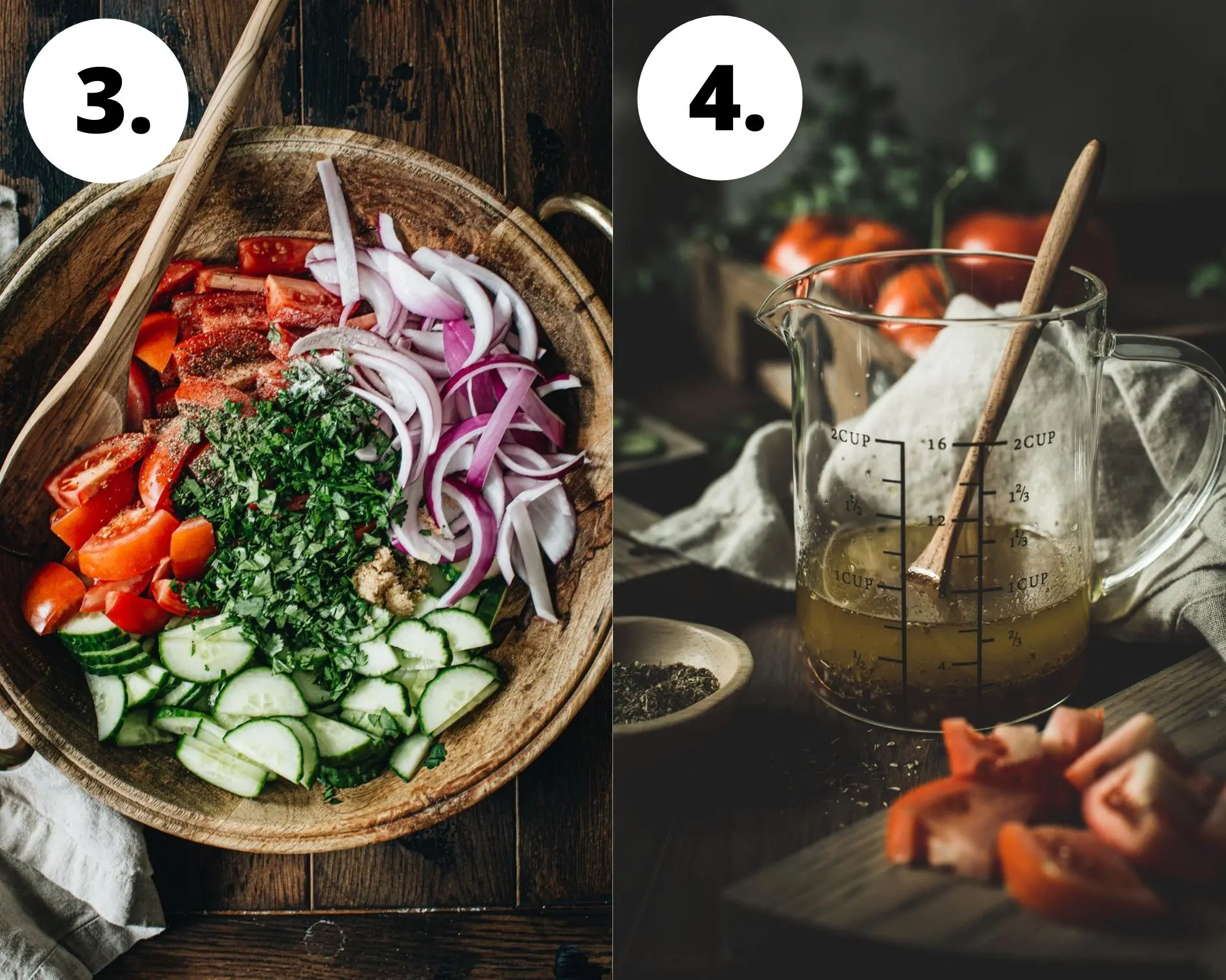 Cucumber, onion, and tomato salad process steps 3 and 4.