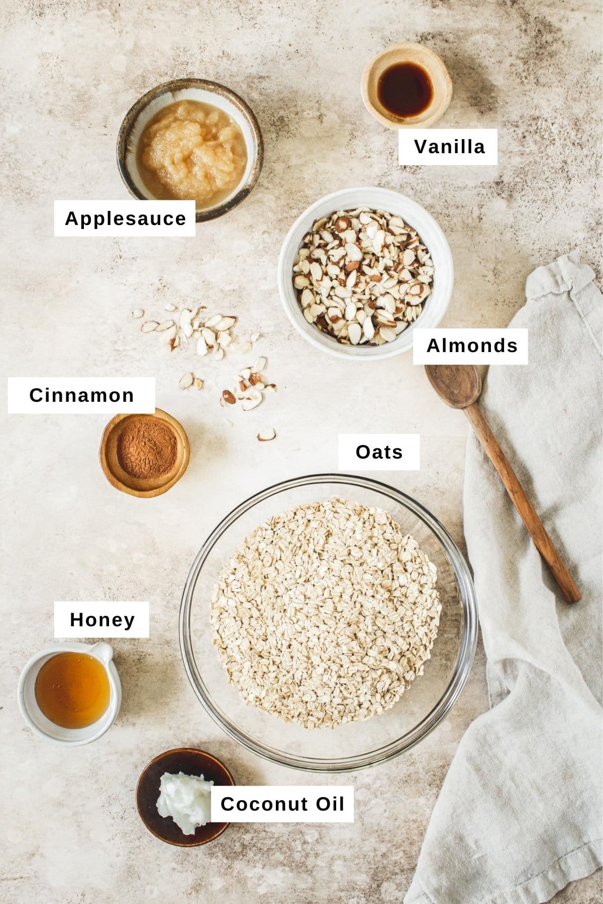 Honey vanilla ingredients in different bowls.