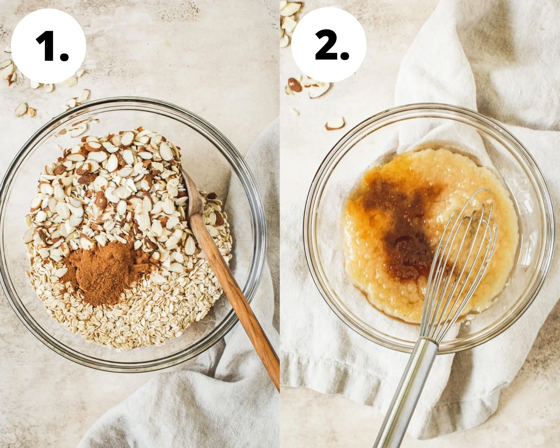 Process steps 1 and 2 for making honey vanilla granola.