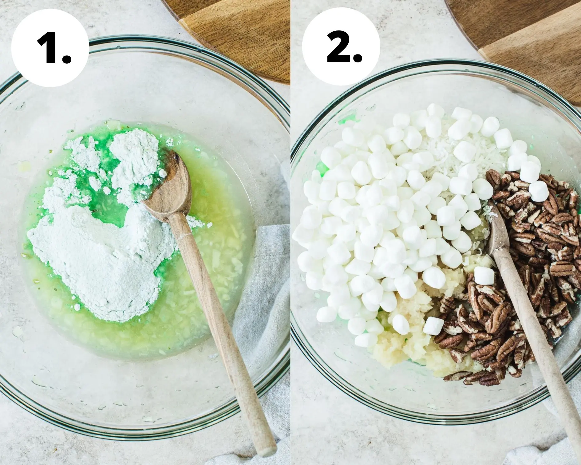 Pistachio pudding process steps 1 and 2.