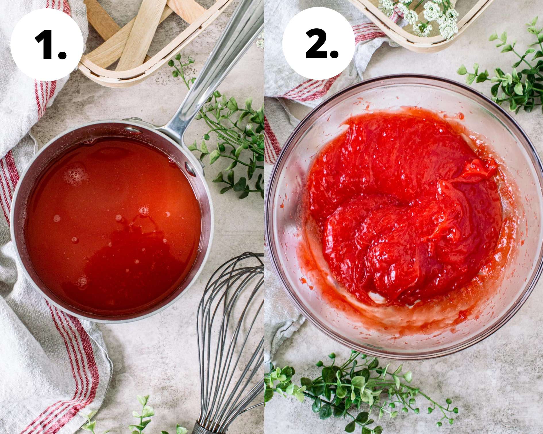 Strawberry jello fluff salad process steps 1 and 2.