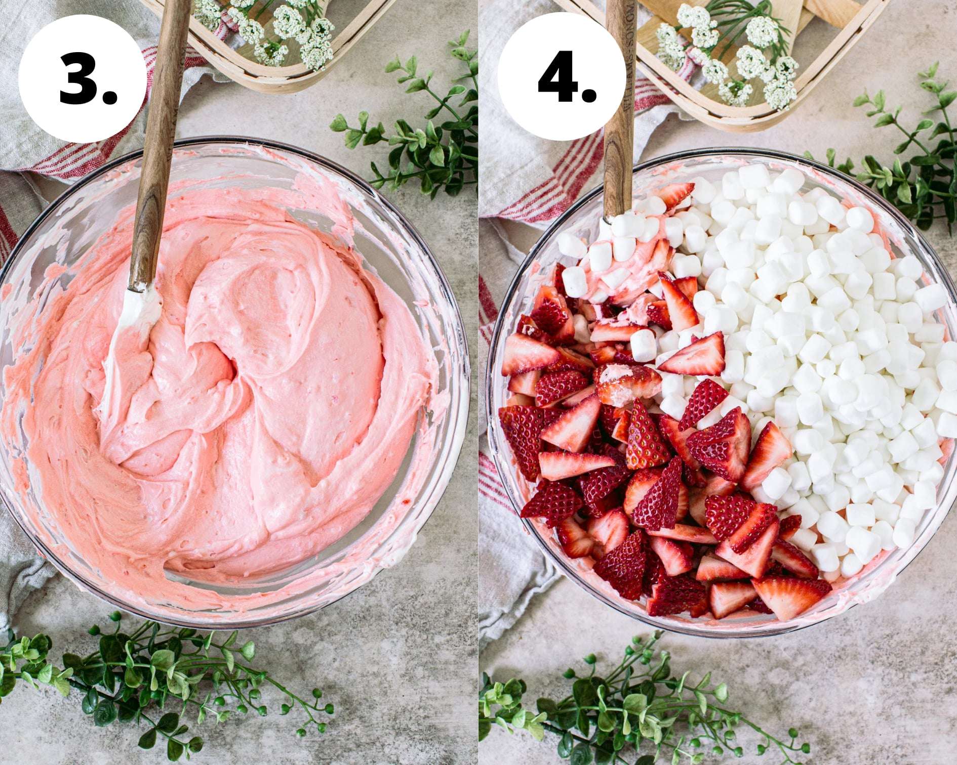 Process steps 3 and 4 for making strawberry Jello fluff salad.