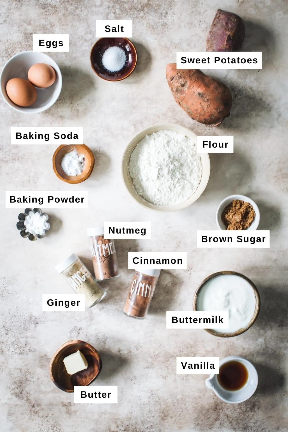 Sweet potato pancake ingredients in bowls.