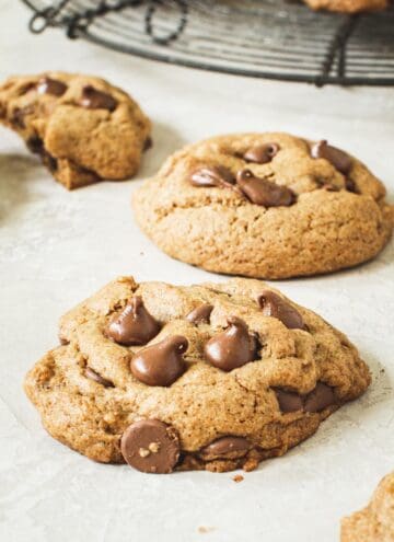 Two whole wheat chocolate chip cookies.