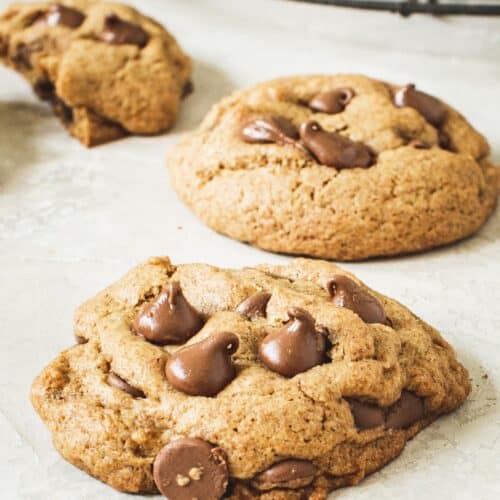 Two whole wheat chocolate chip cookies.