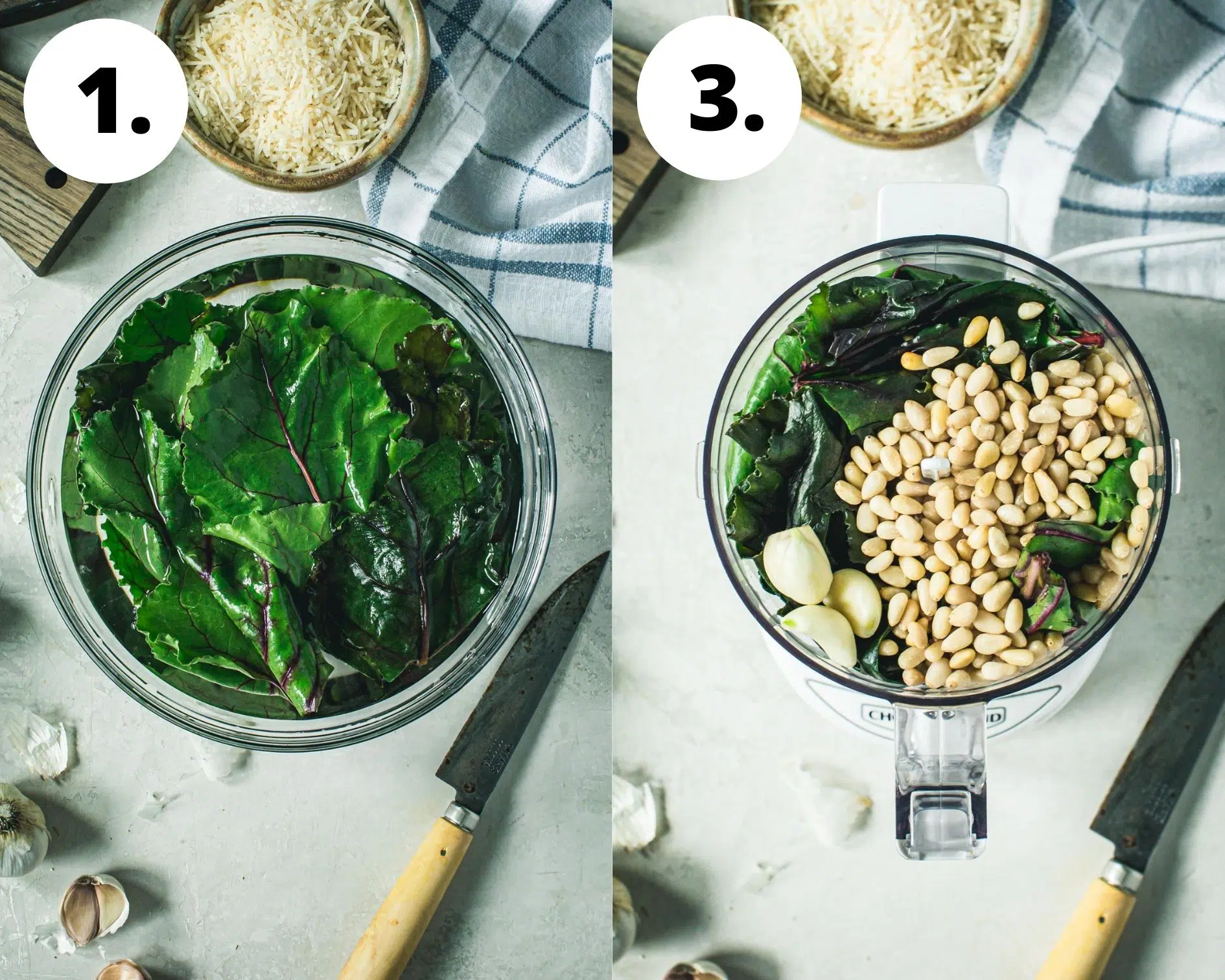 Beet greens pesto process steps 1 and 2.