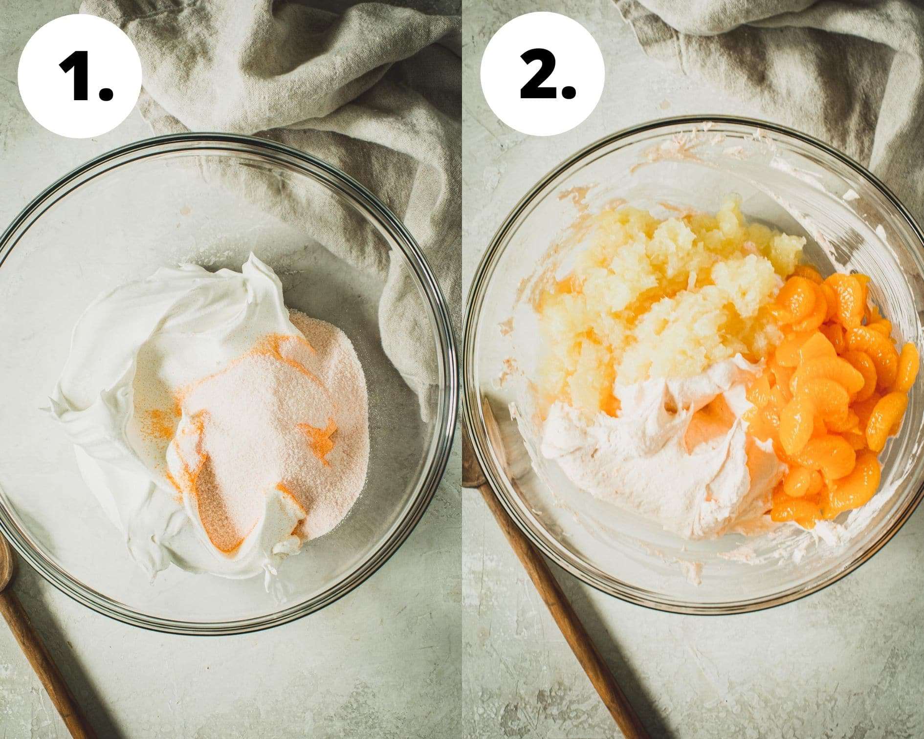Orange jello salad process steps 1 and 2.