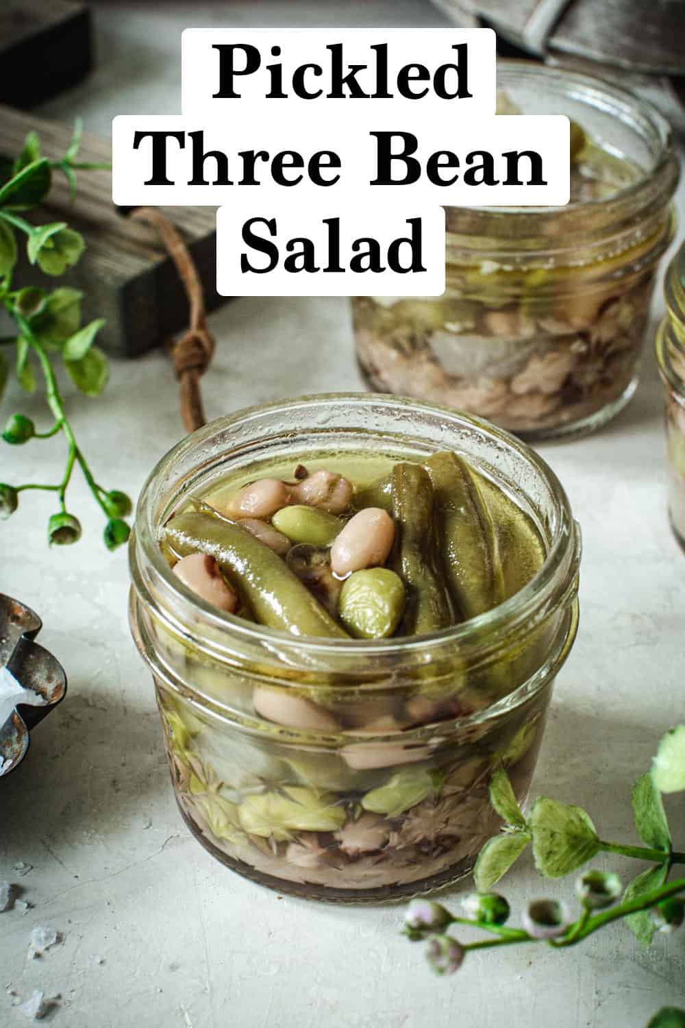 Pickled three bean salad in small jars.