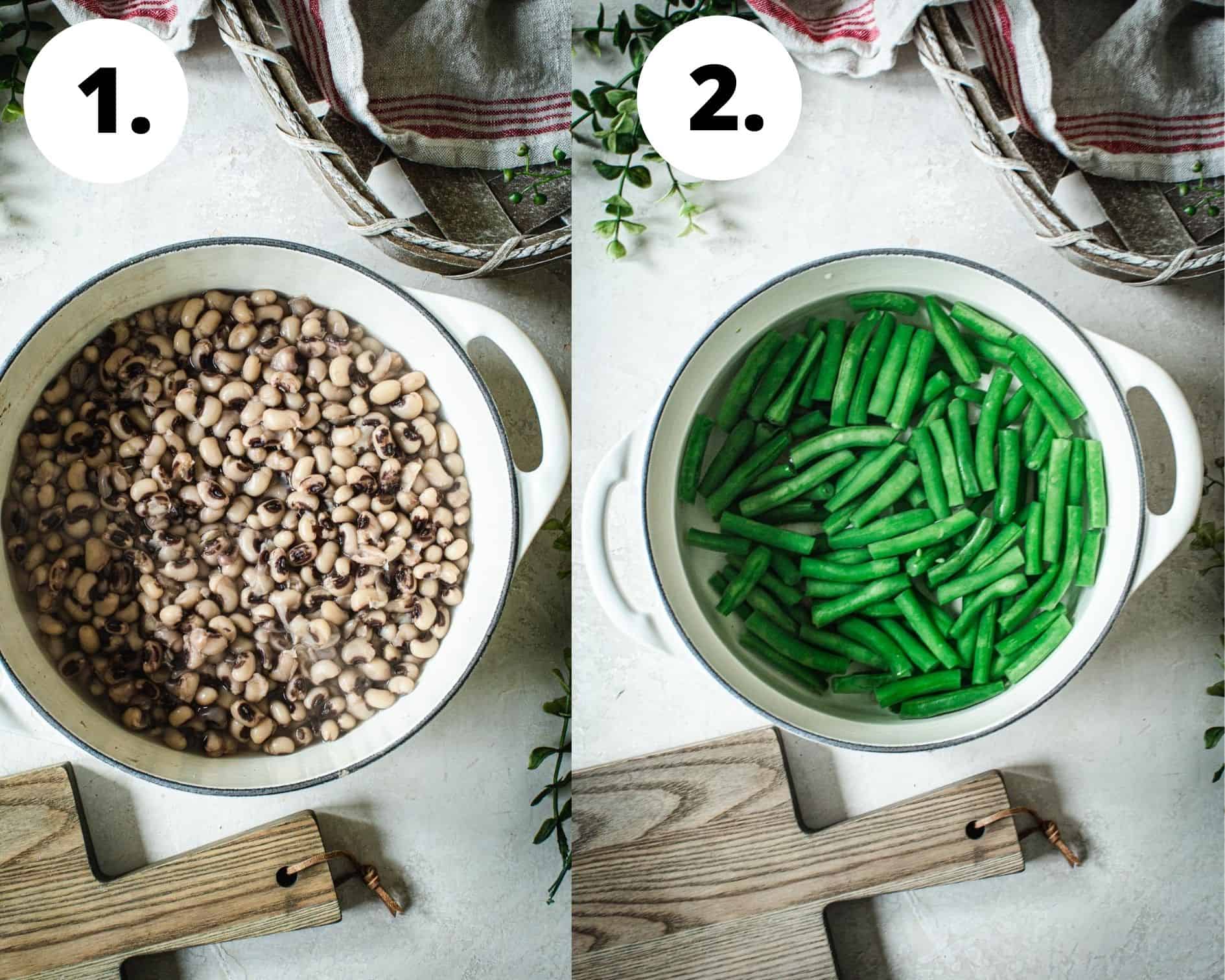 Pickled three bean salad process steps 1 and 2.