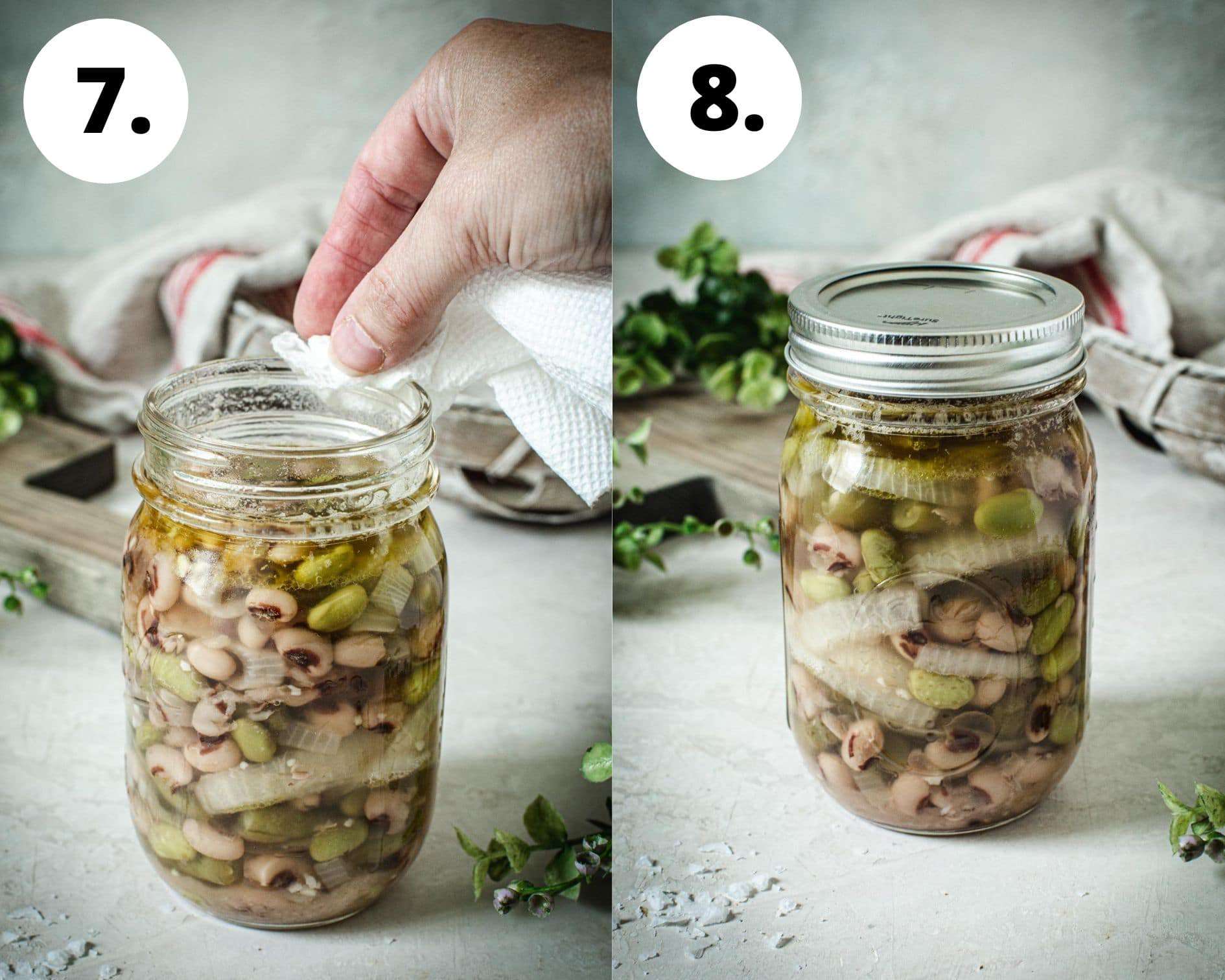 Canning process steps for three bean salad steps 7 and 8.