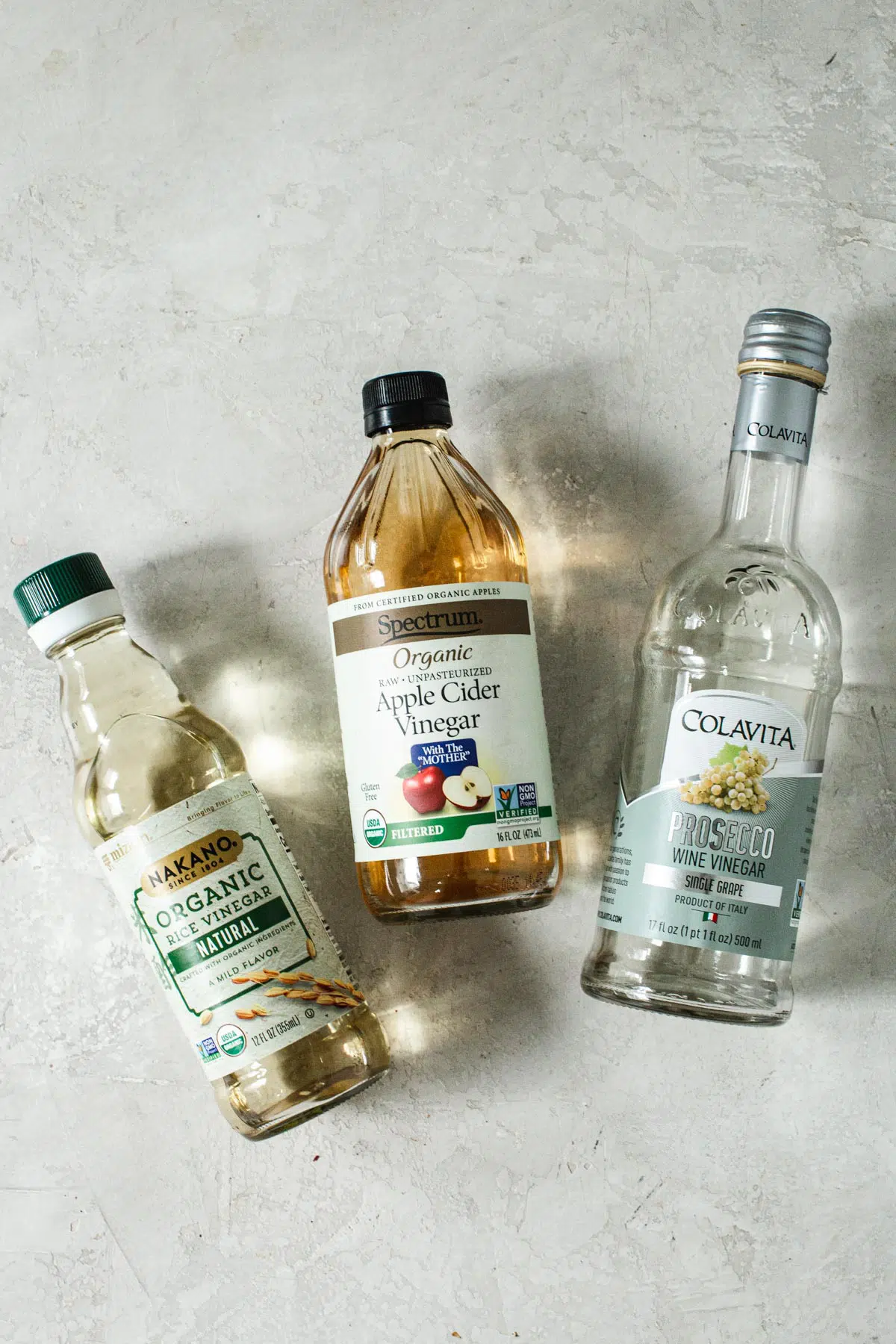 Bottles of different kinds of vinegar.