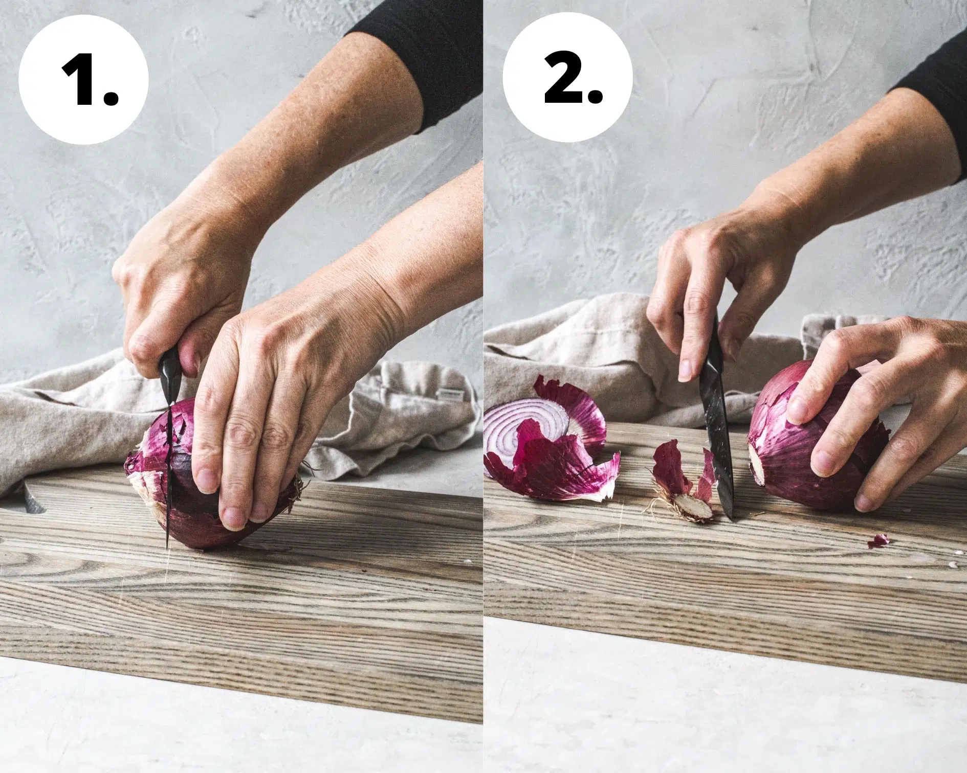 Process steps 1 and 2 for cutting an onion crosswise.