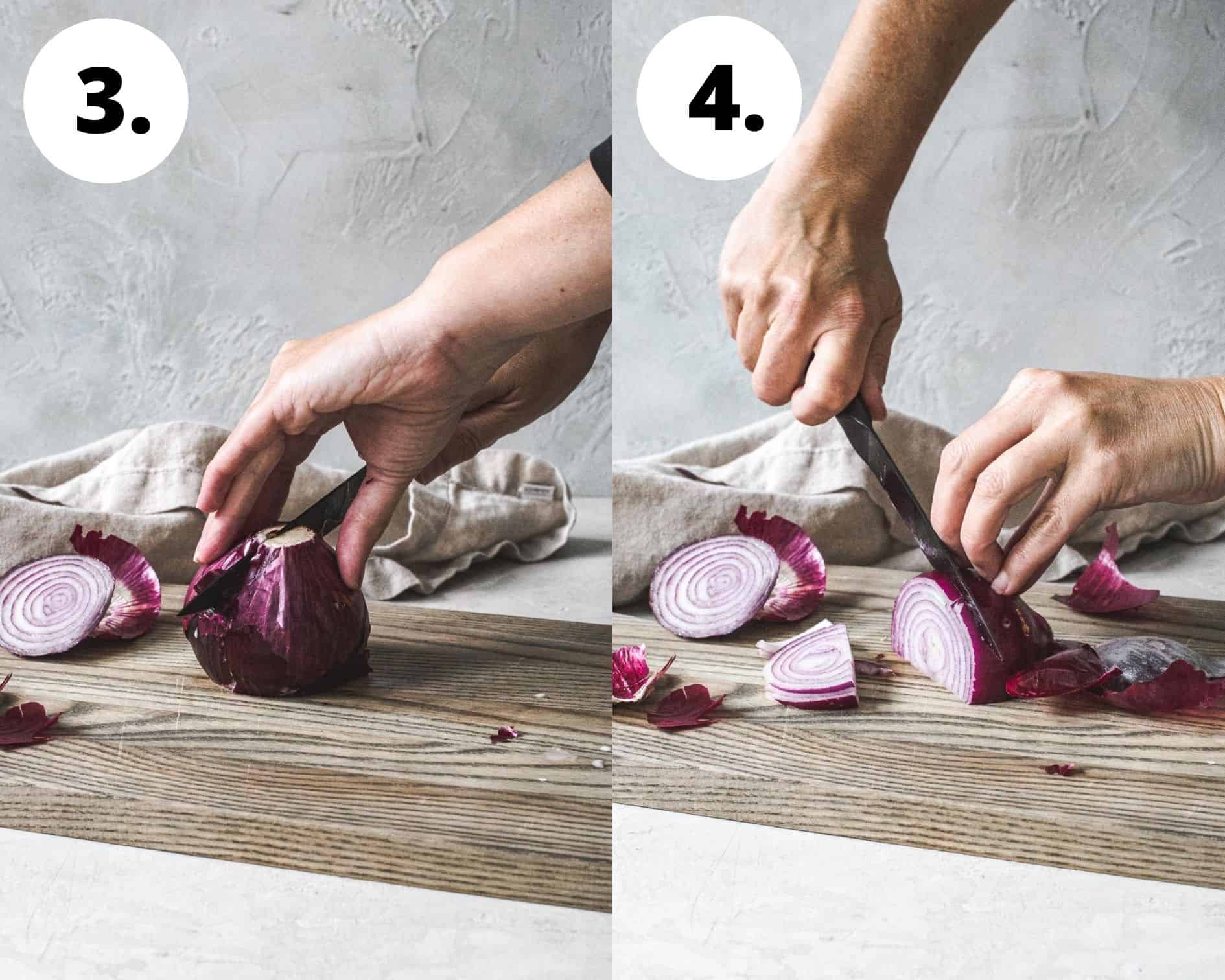 Process steps 3 and 4 for how to cut an onion crosswise.