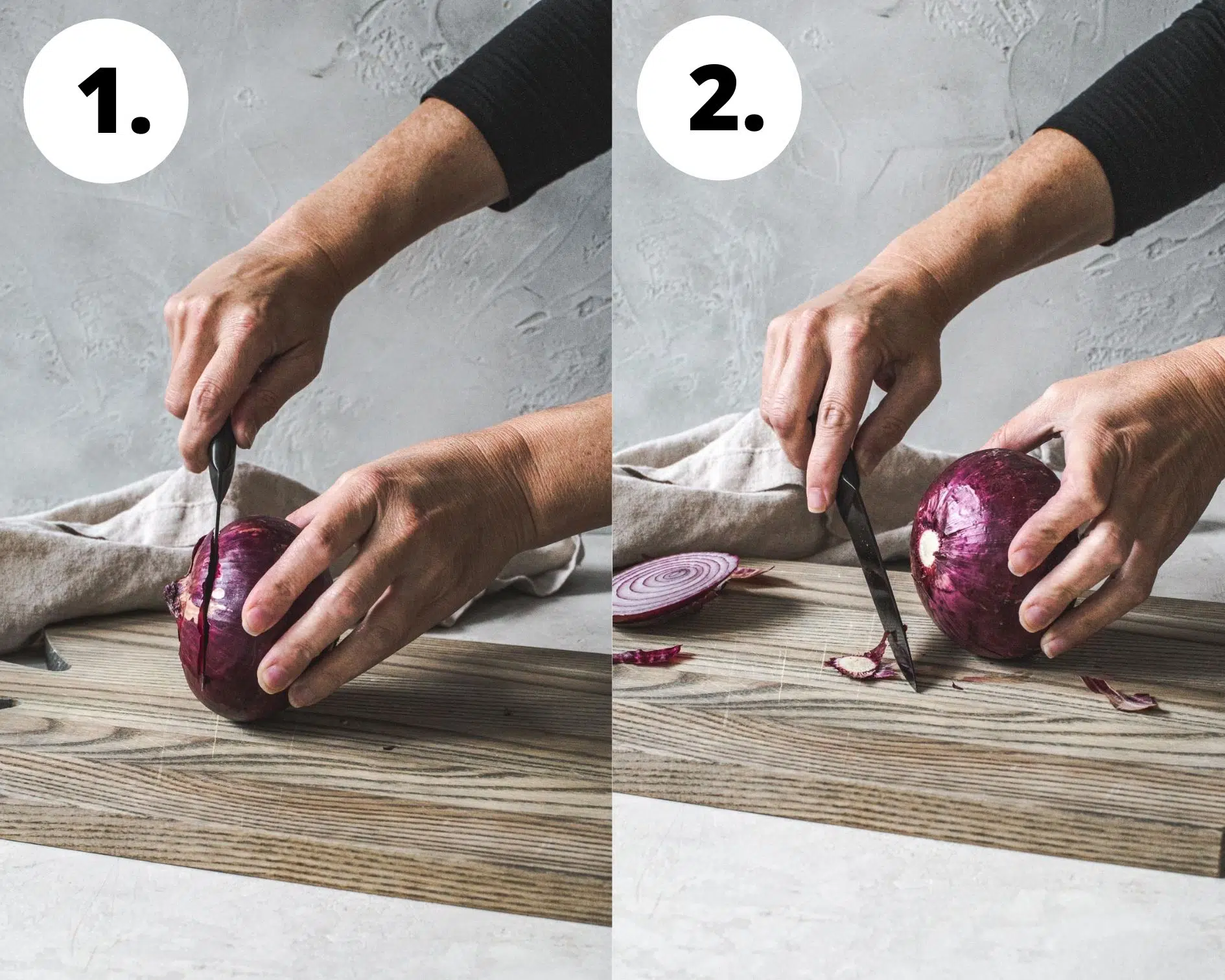 Process steps 1 and 2 for how to cut an onion.