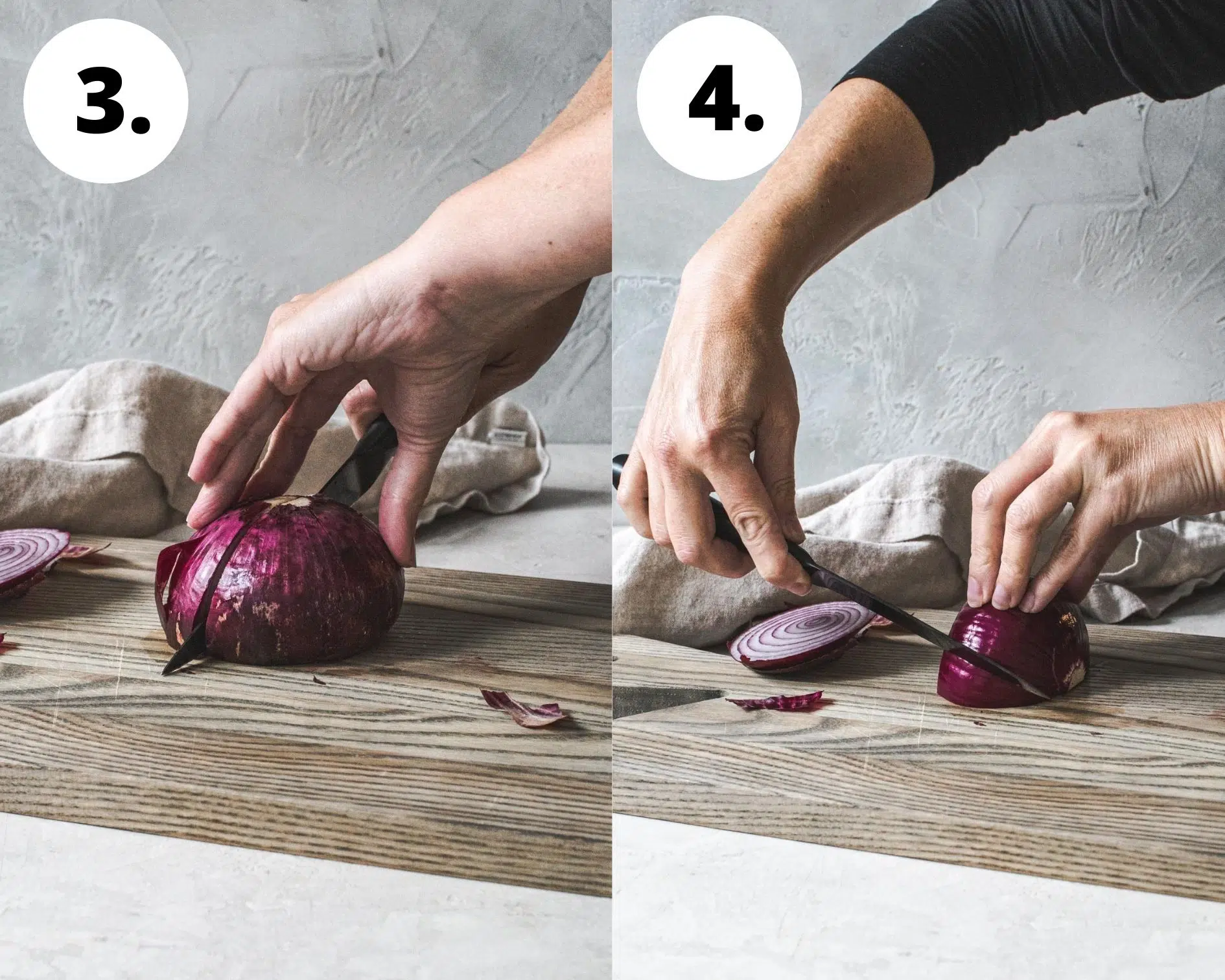 Process steps 3 and 4 for how to cut an onion.