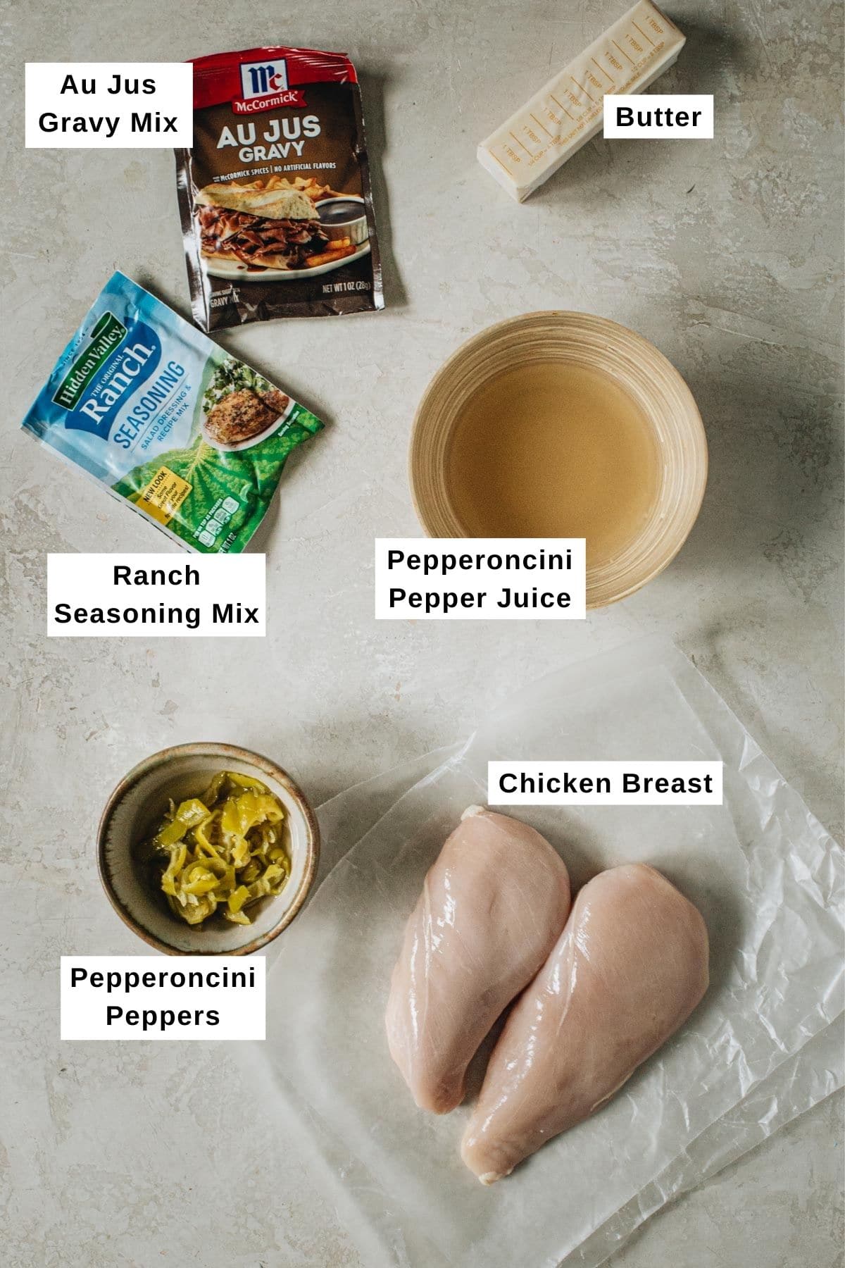 MIssissippi chicken ingredients laid out on a table.