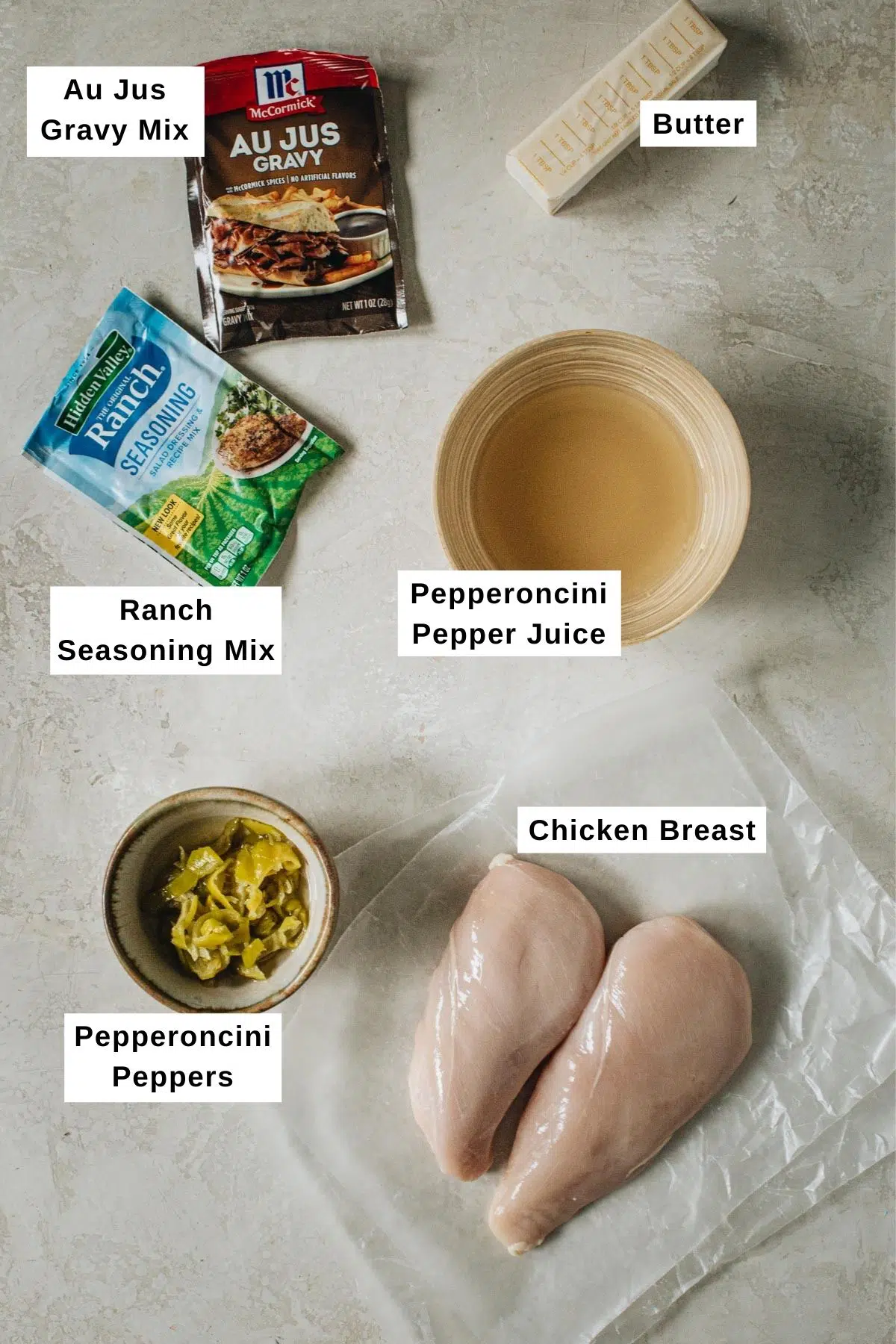 MIssissippi chicken ingredients laid out on a table.