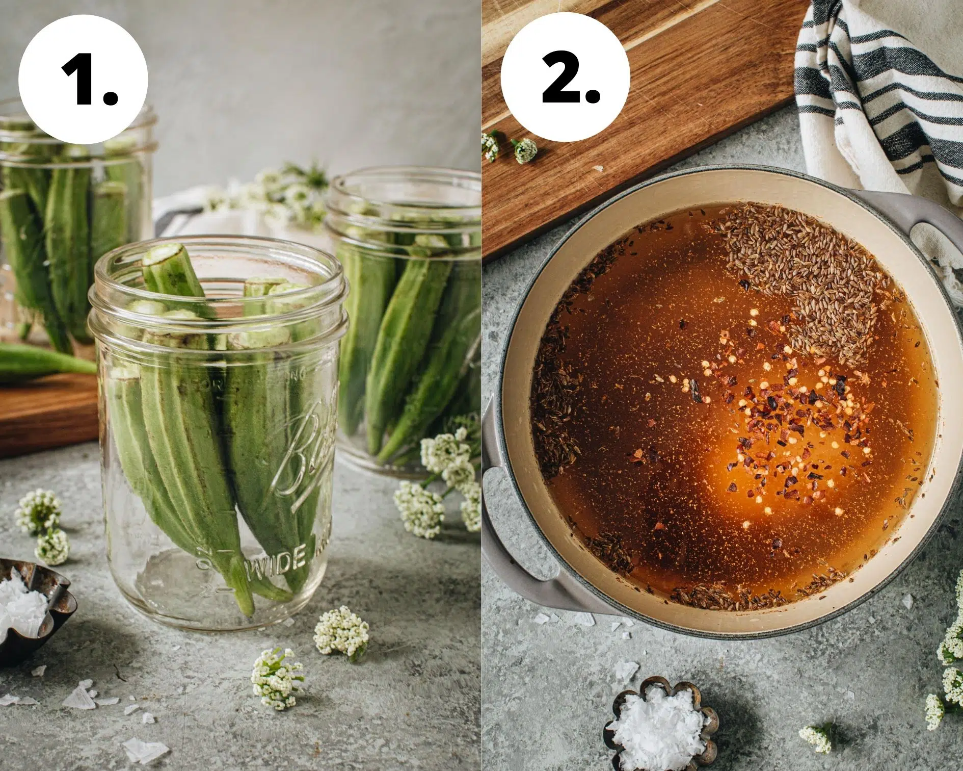 Pickled okra process steps 1 and 2.