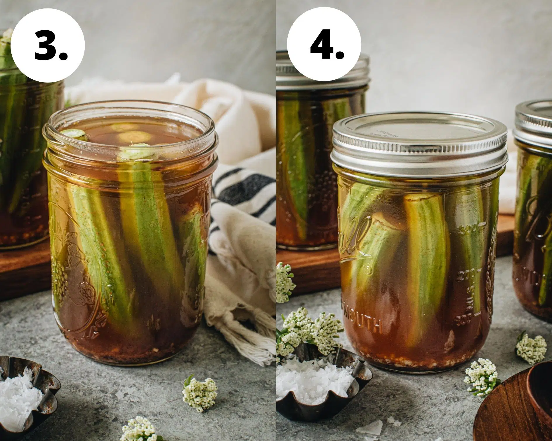 Pickled okra process steps 3 and 4.