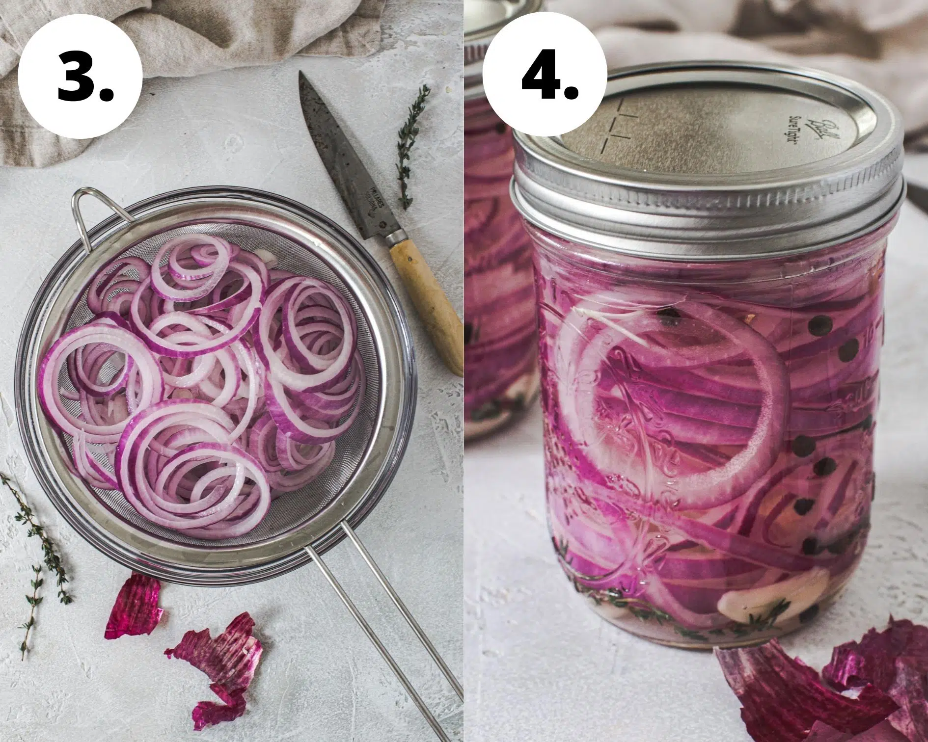 Process steps 3 and 4 for making pickled red onions.