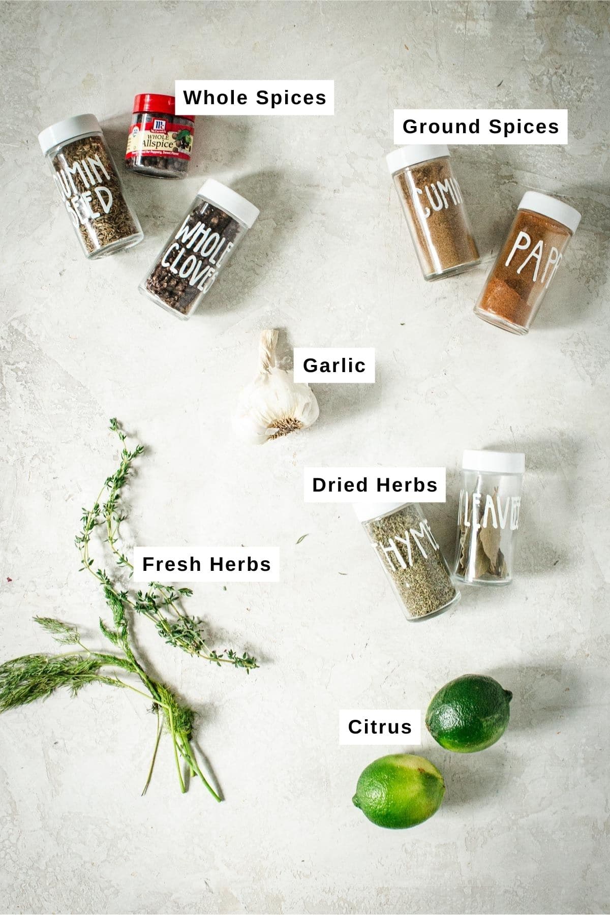 Spices and herbs in jars and fresh for pickled vegetables.