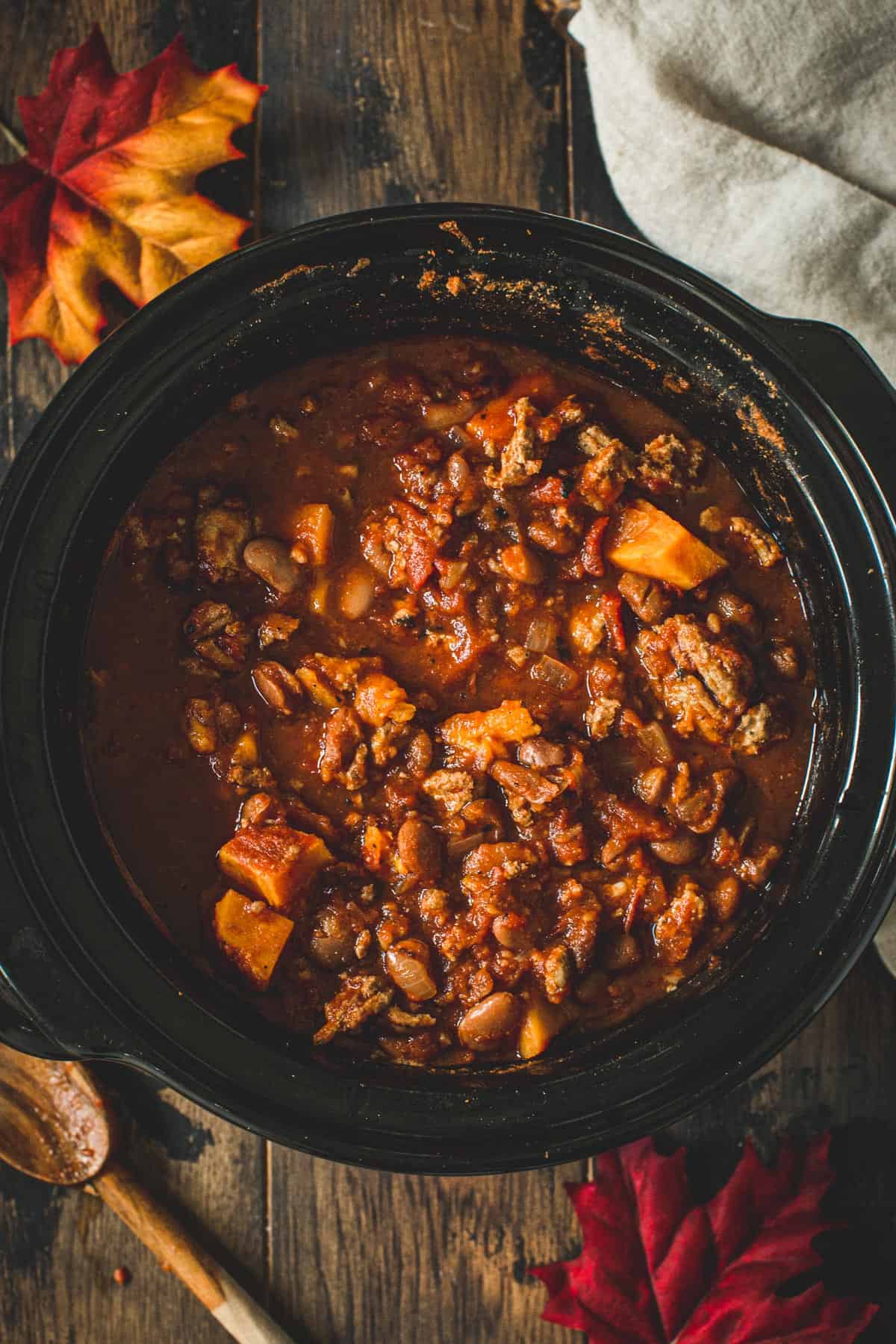 Sweet potato turkey chili in the crockpot.