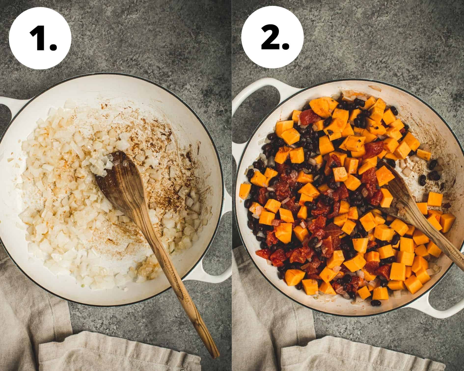 Butternut squash enchiladas process steps 1 and 2.