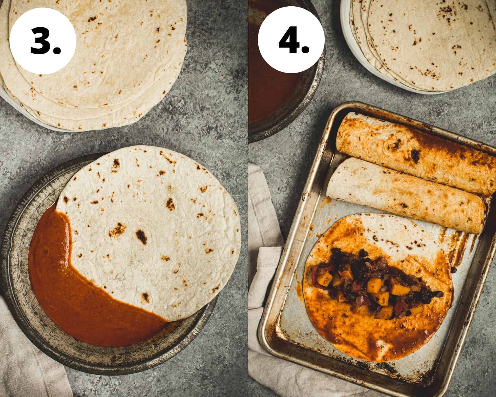Butternut squash enchiladas process steps 3 and 4.