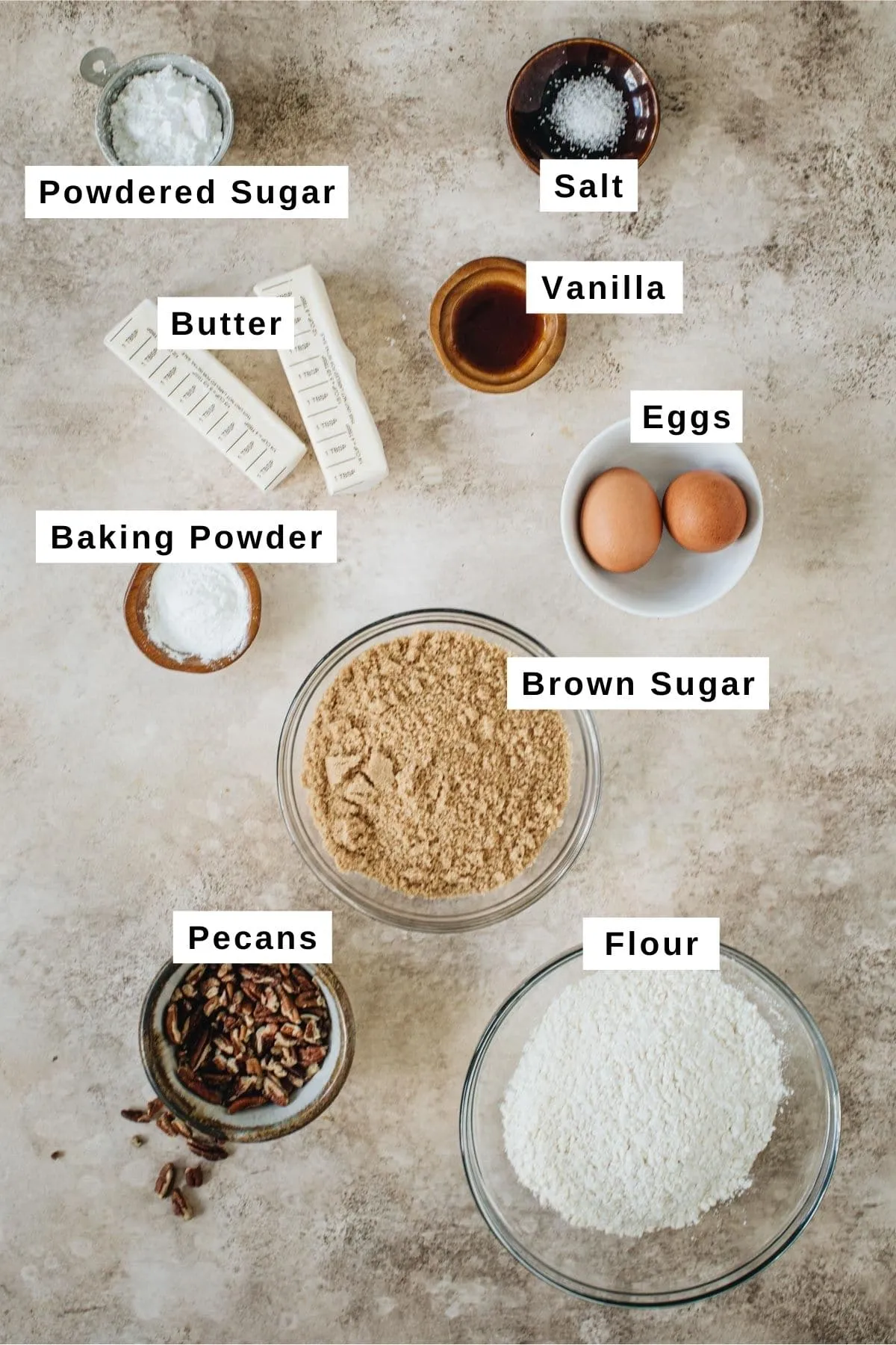 Charleston chewies ingredients in different sized bowls.